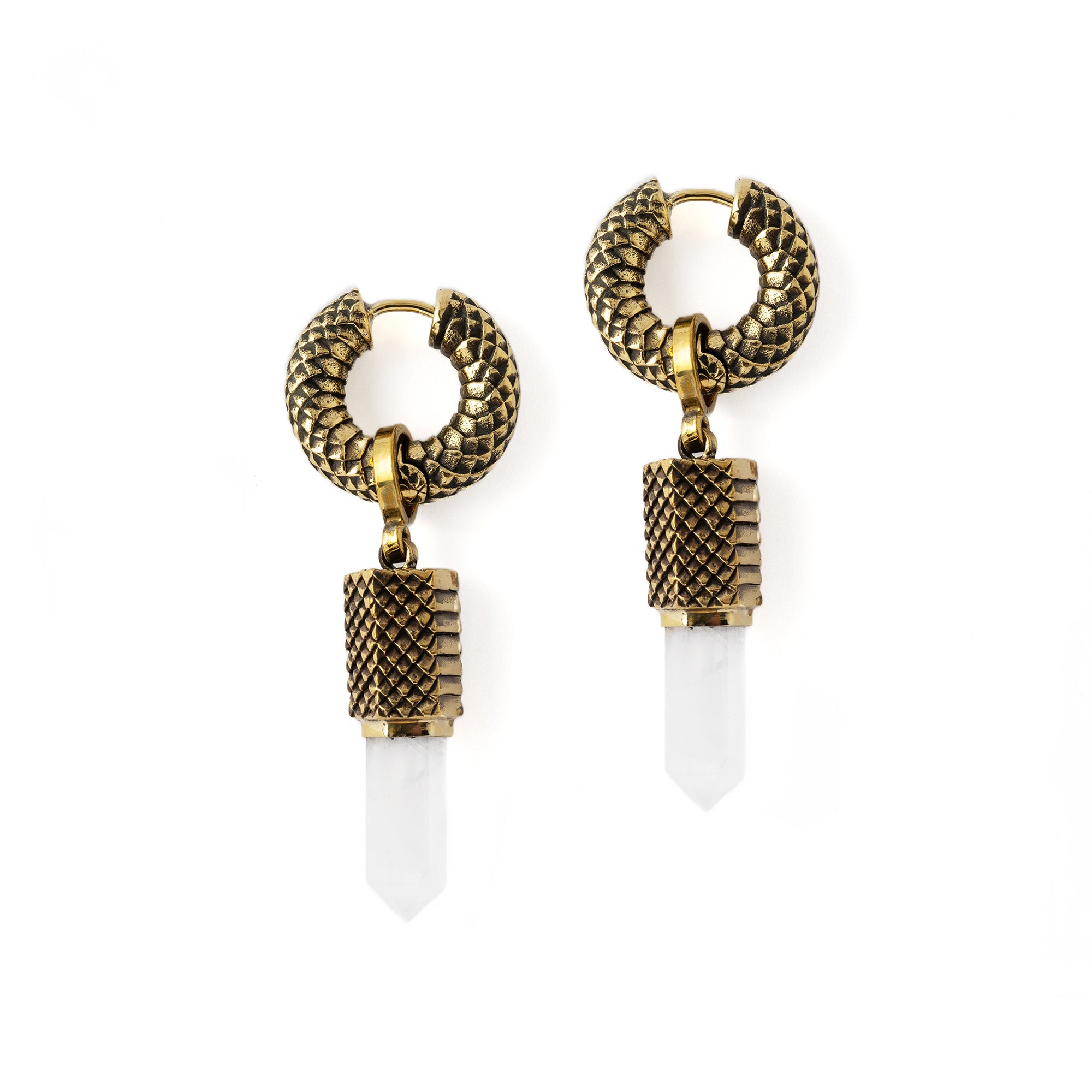 Rebirth snake scale hoop earrings with Crystal Quartz pendant frontal view