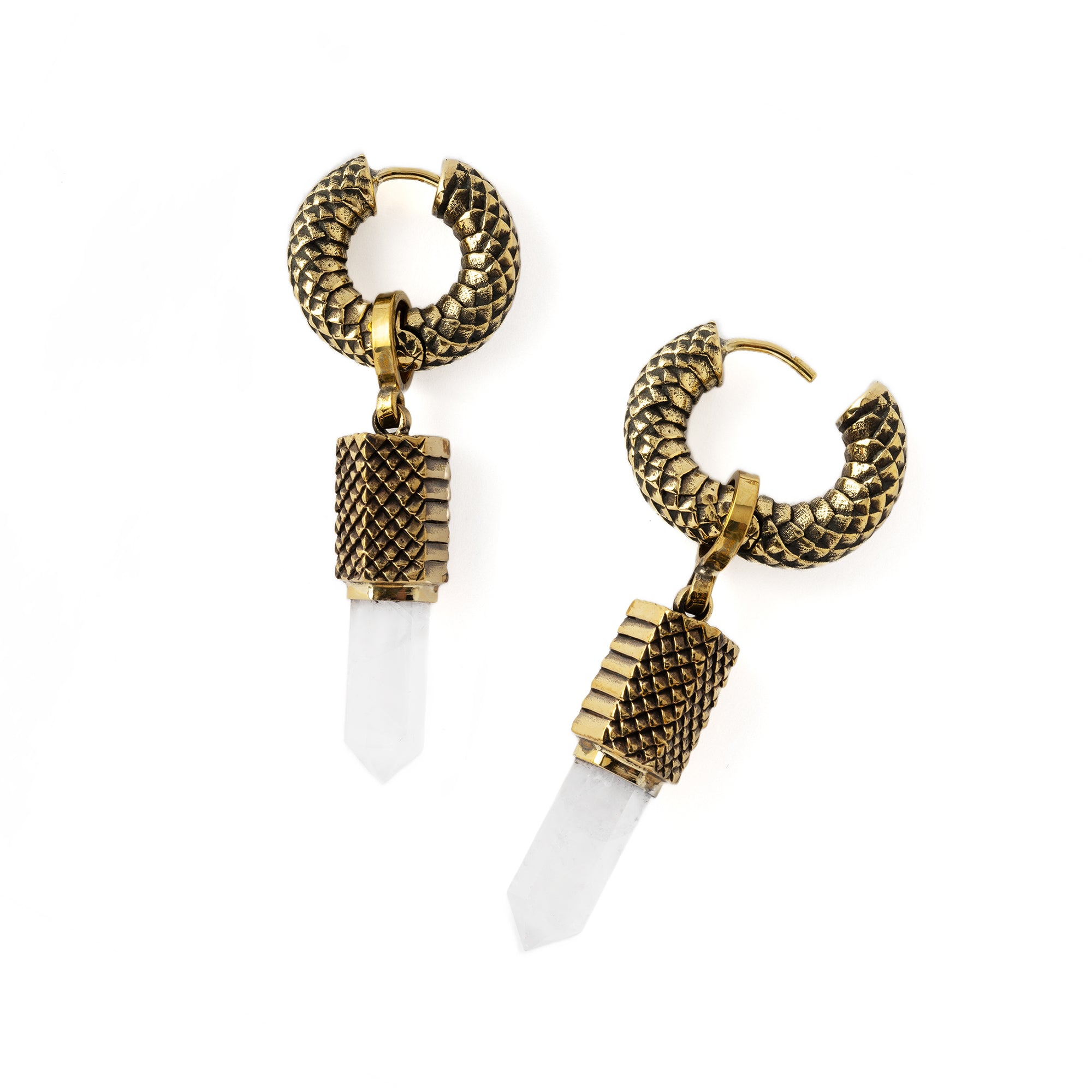 Rebirth snake scale hoop earrings with Crystal Quartz pendant open mode view