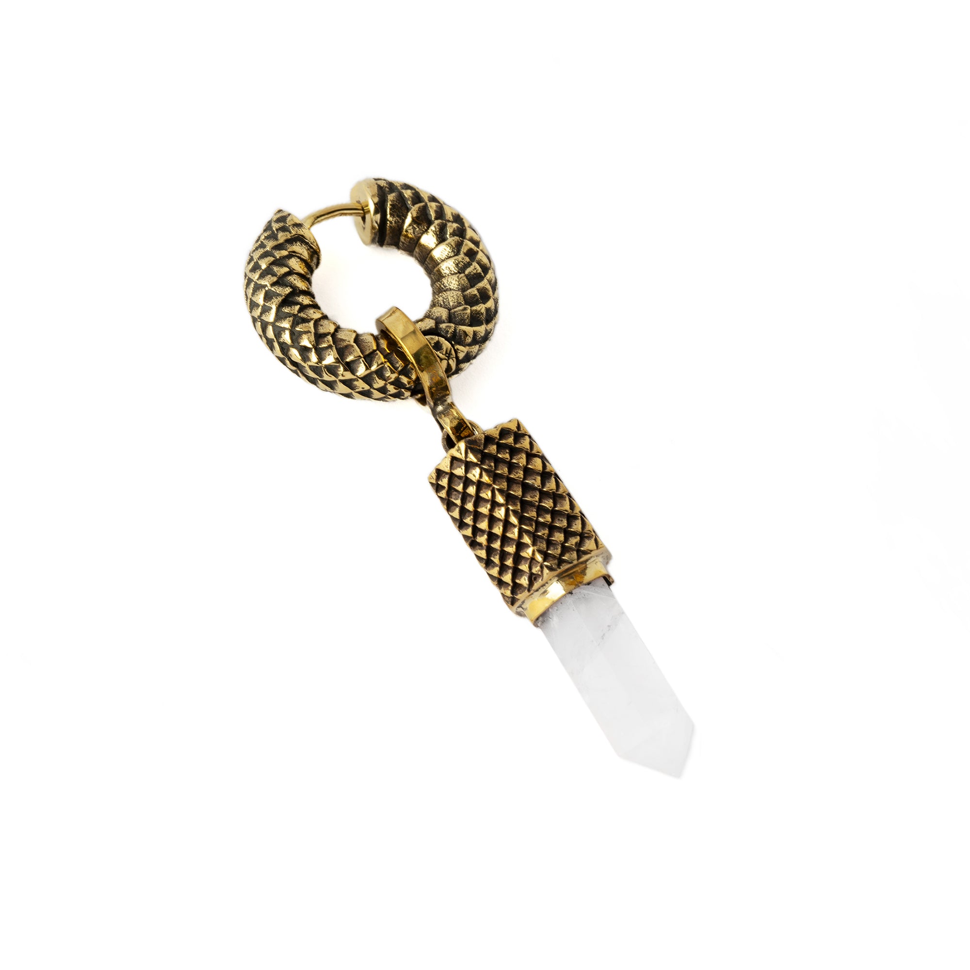 Rebirth snake scale hoop earring with Crystal Quartz pendant left side view