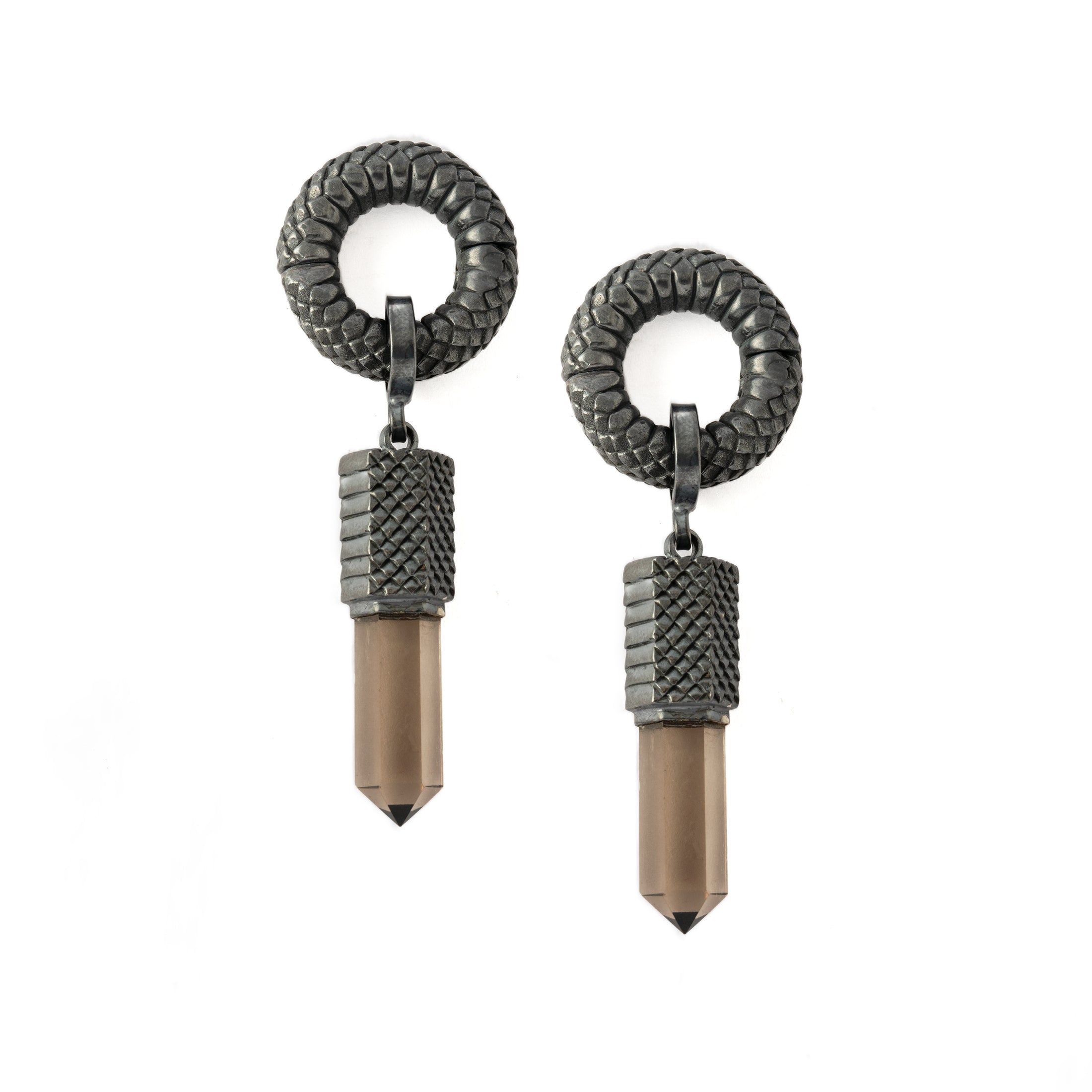pair of black silver Rebirth Hangers with Smokey Quartz frontal view