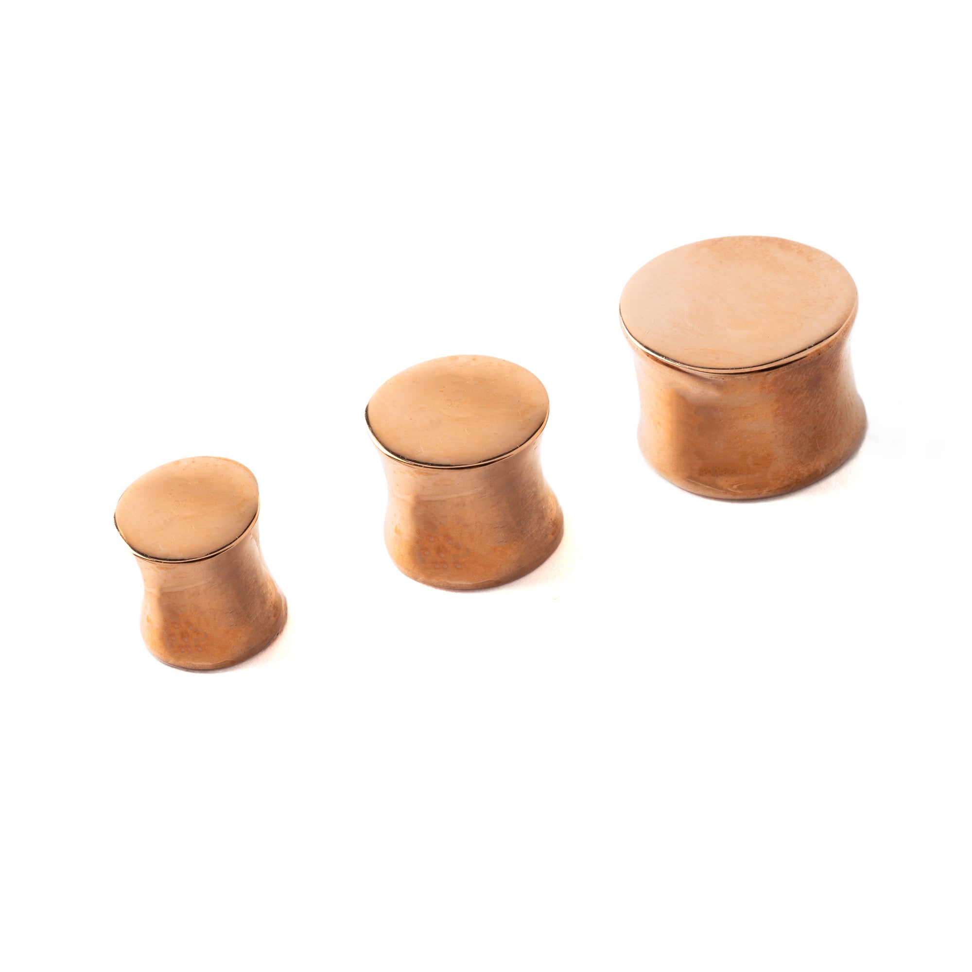 three sizes of Plain Rose Gold Plugs