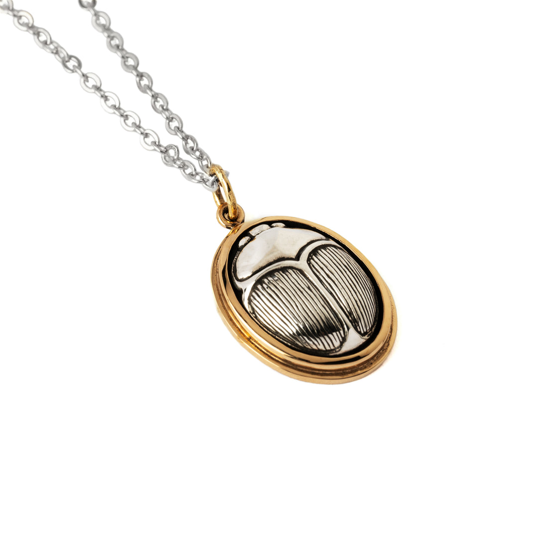Silver and bronze Scarab Pendant on a chain left side view