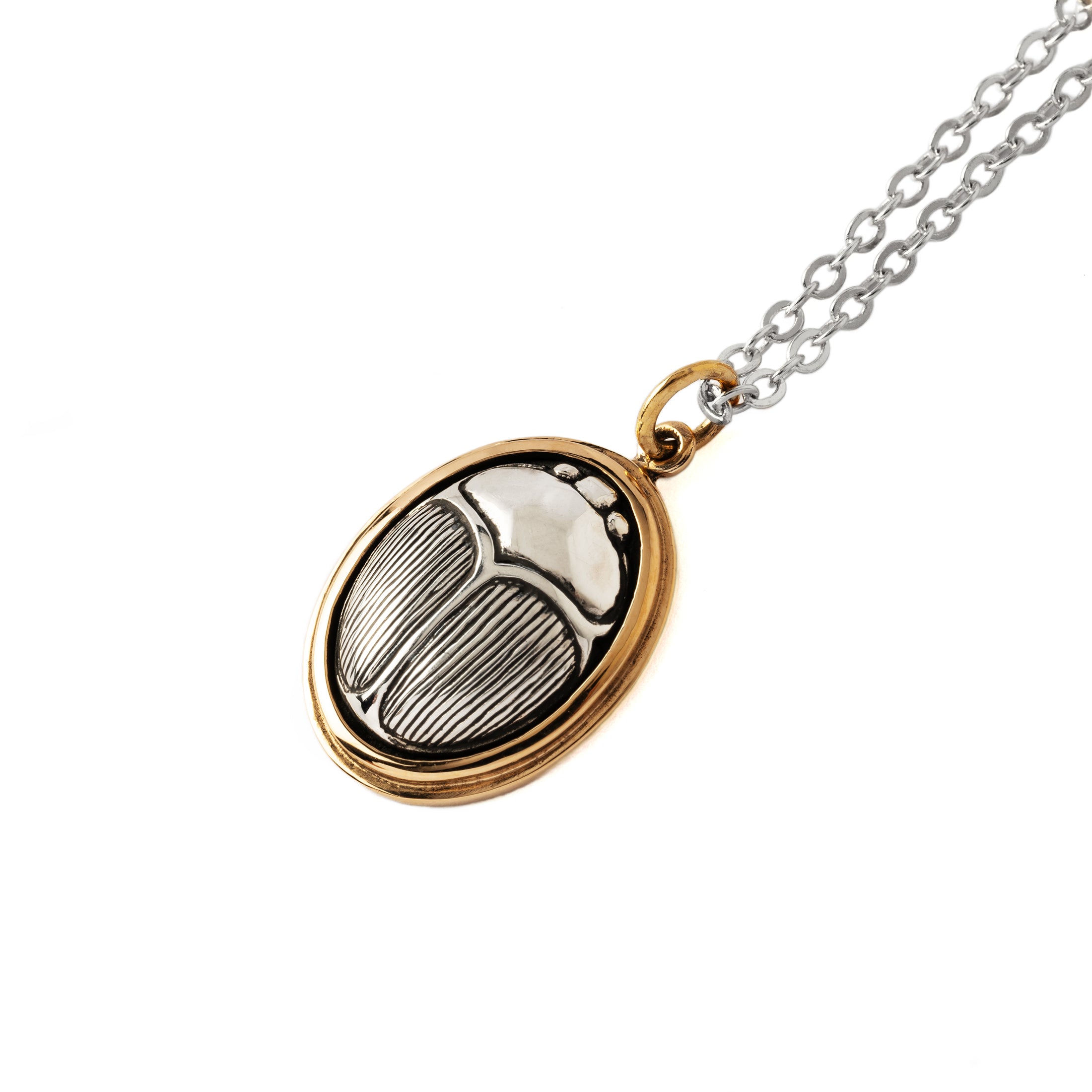 Silver and bronze Scarab Pendant on a chain right side view