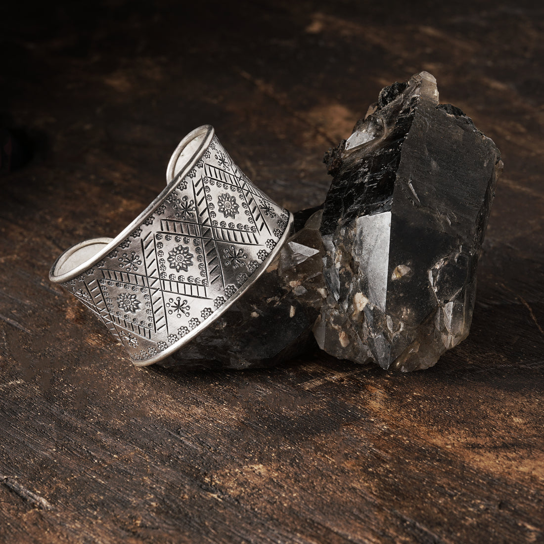 Silver Cuff with Tribal Carvings