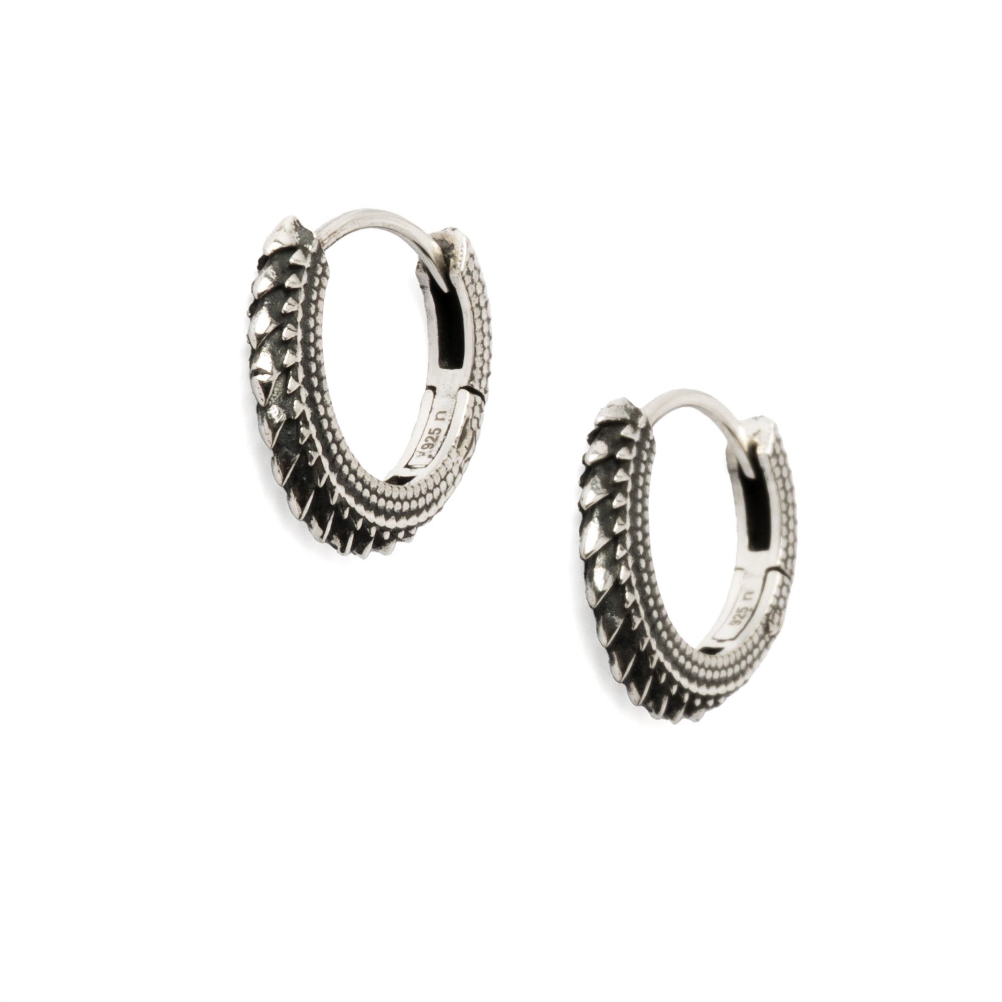 Sterling Silver Dragon Scale Huggies hoops right side view