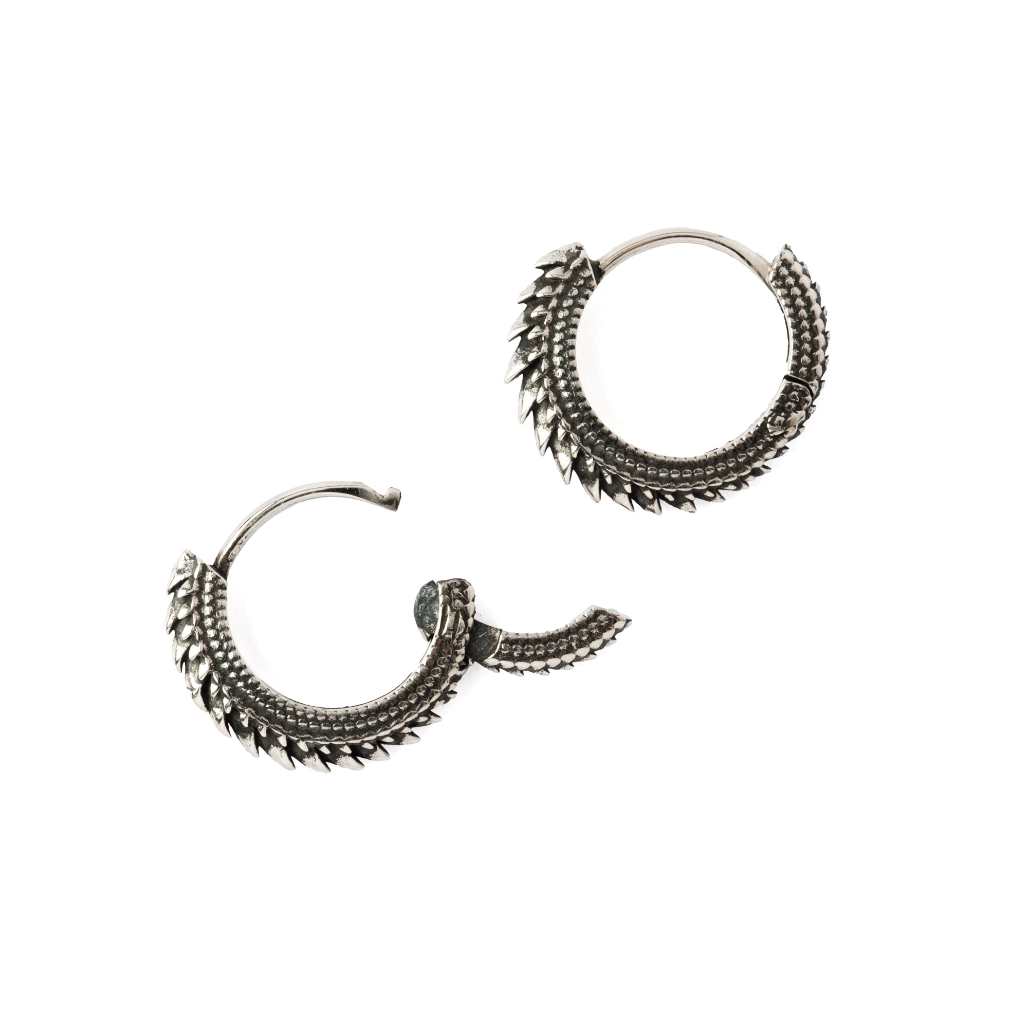Sterling Silver Dragon Scale Huggies hoops side and open mode view