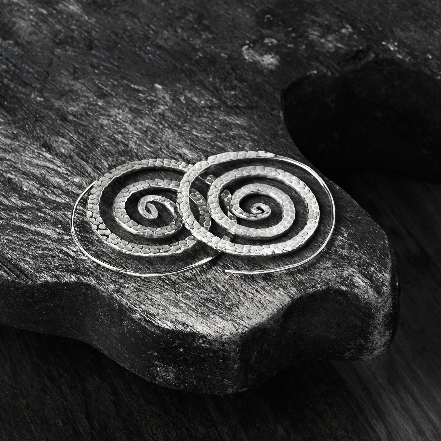 Hammered Spiral Tribal Silver Earrings