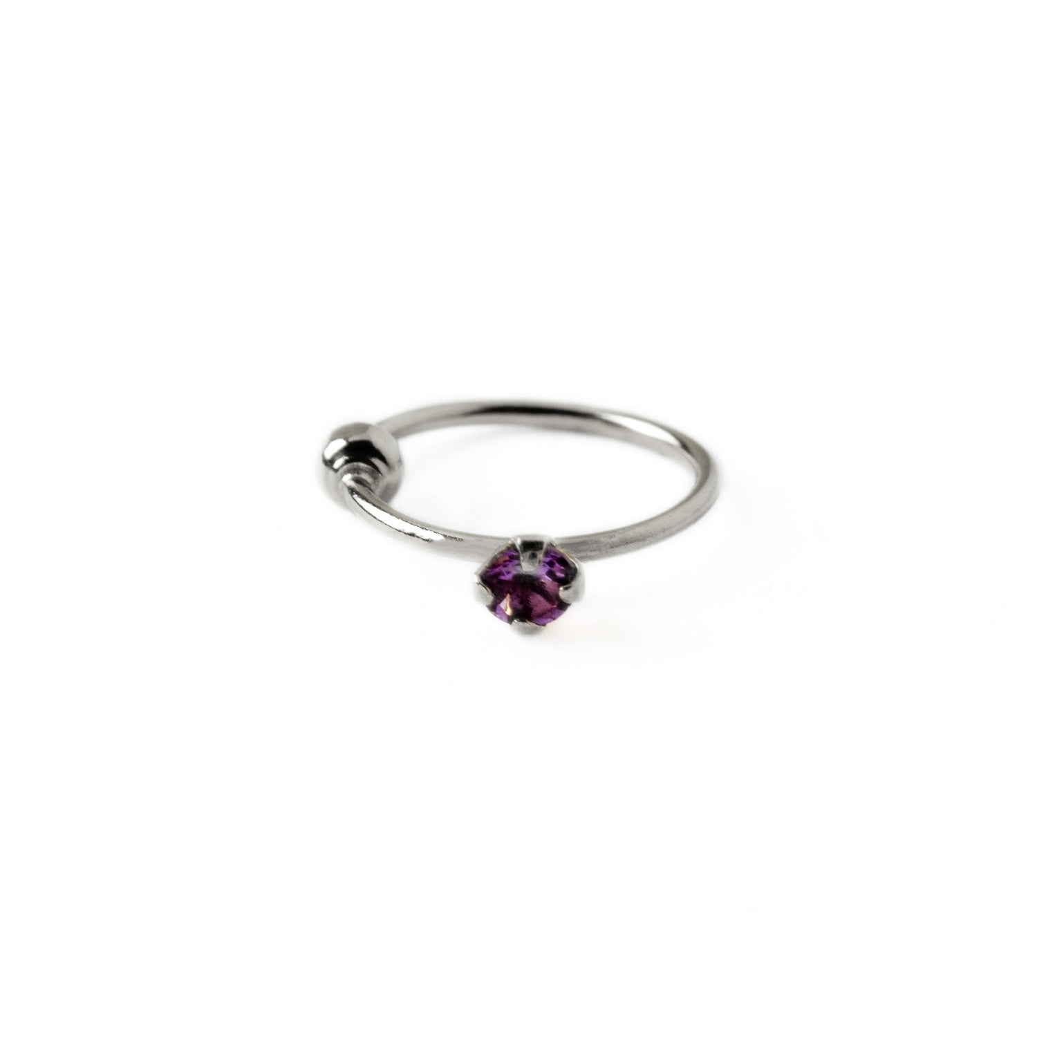 Silver Nose Ring with Amethyst frontal view