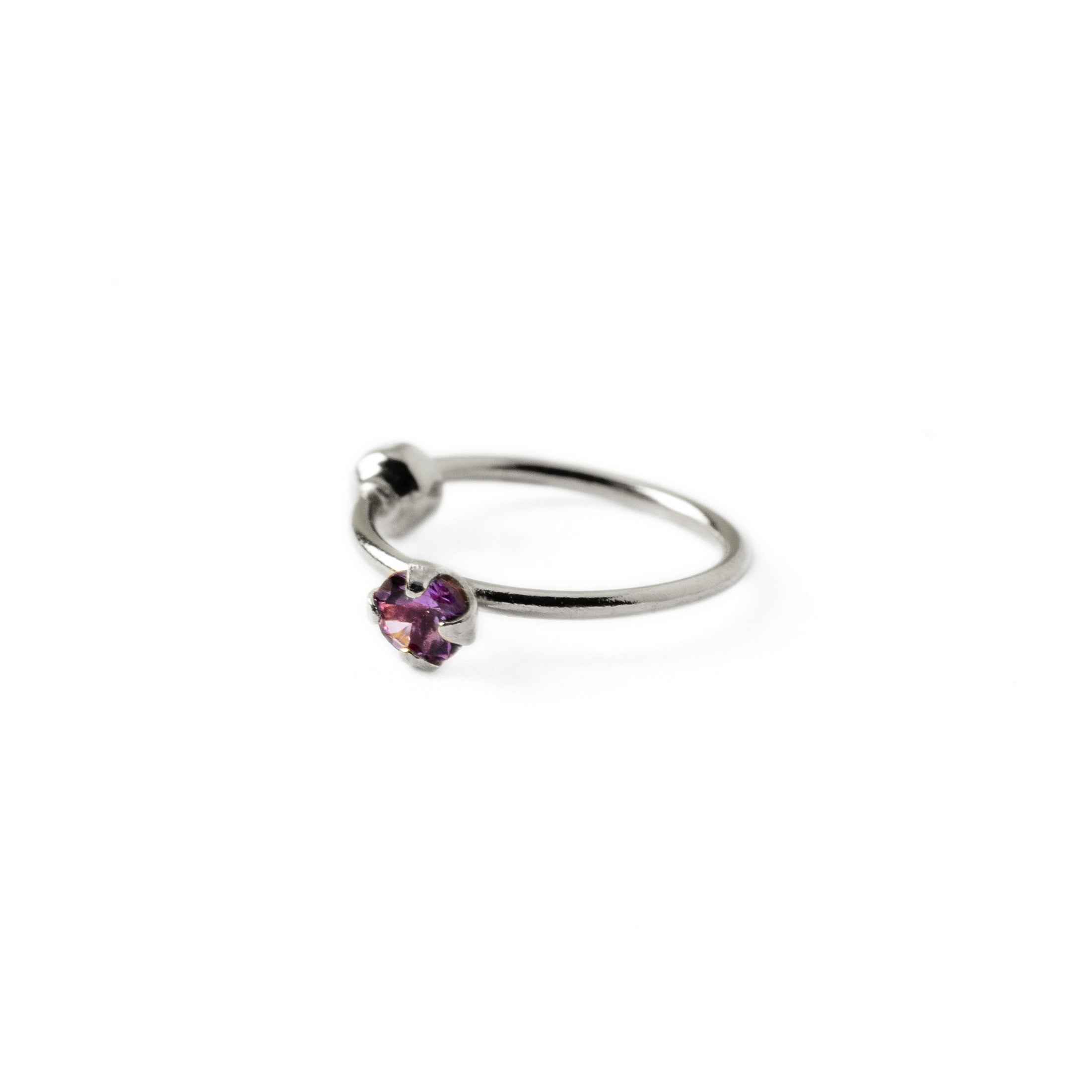 Silver Nose Ring with Amethyst left side view