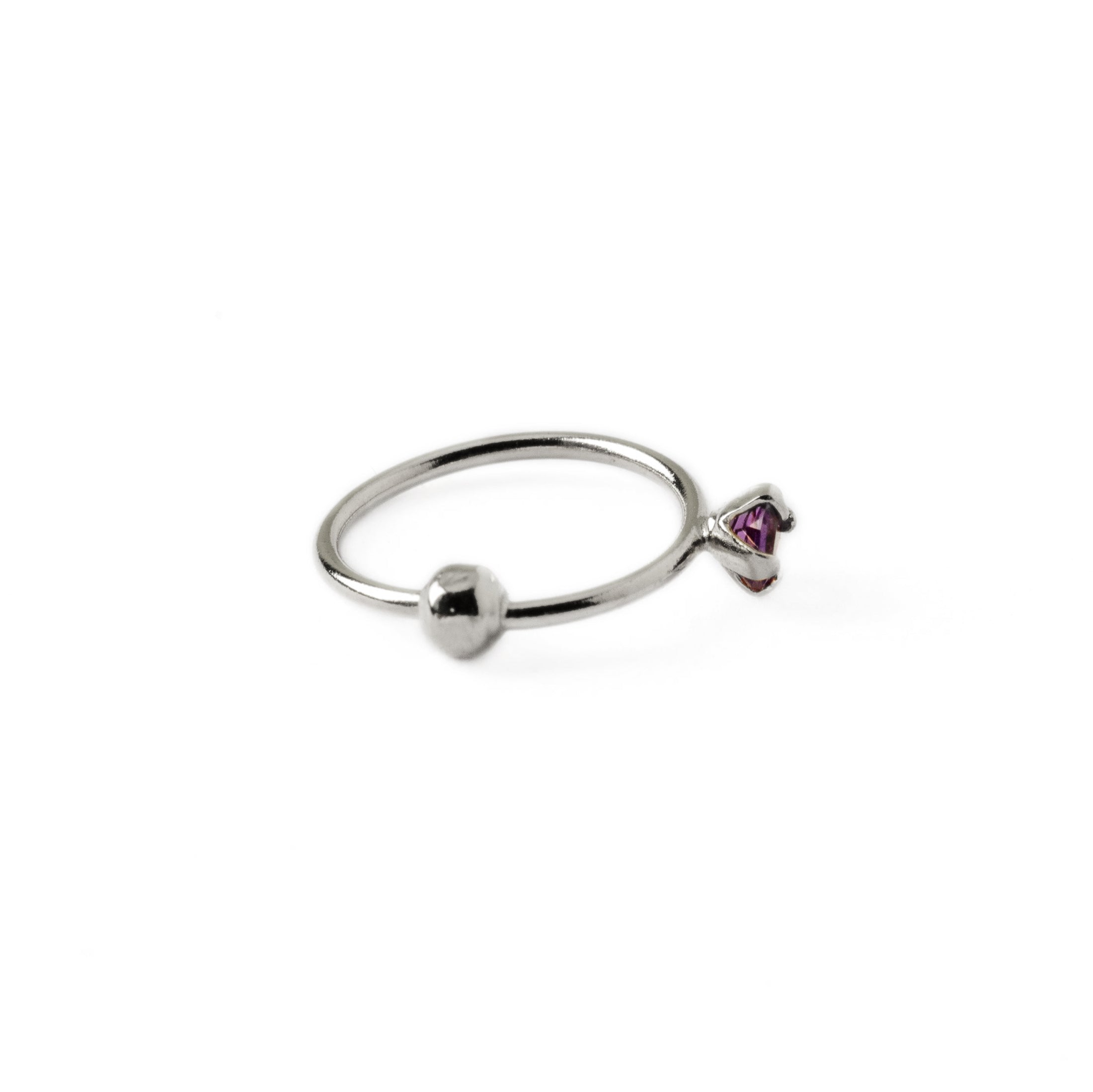 Silver Nose Ring with Amethyst side view