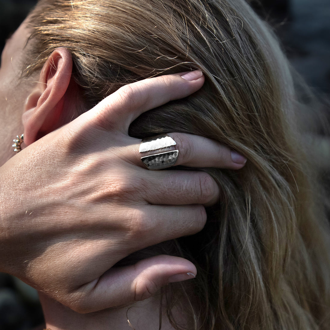 model wearing Open Hammered Silver Ring