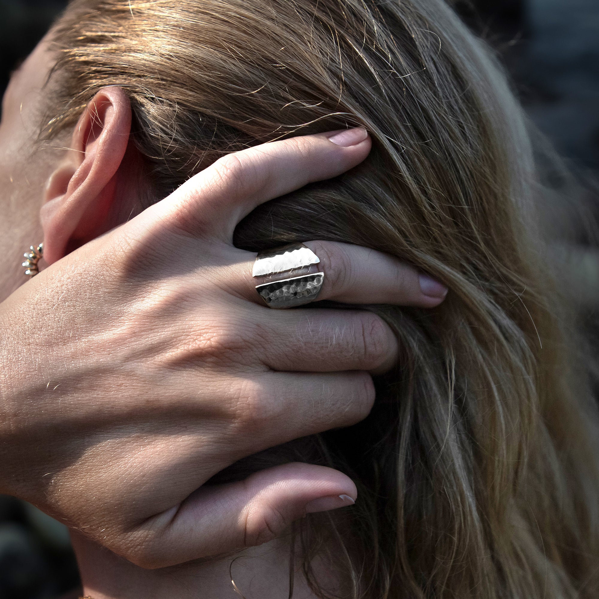model wearing Open Hammered Silver Ring 