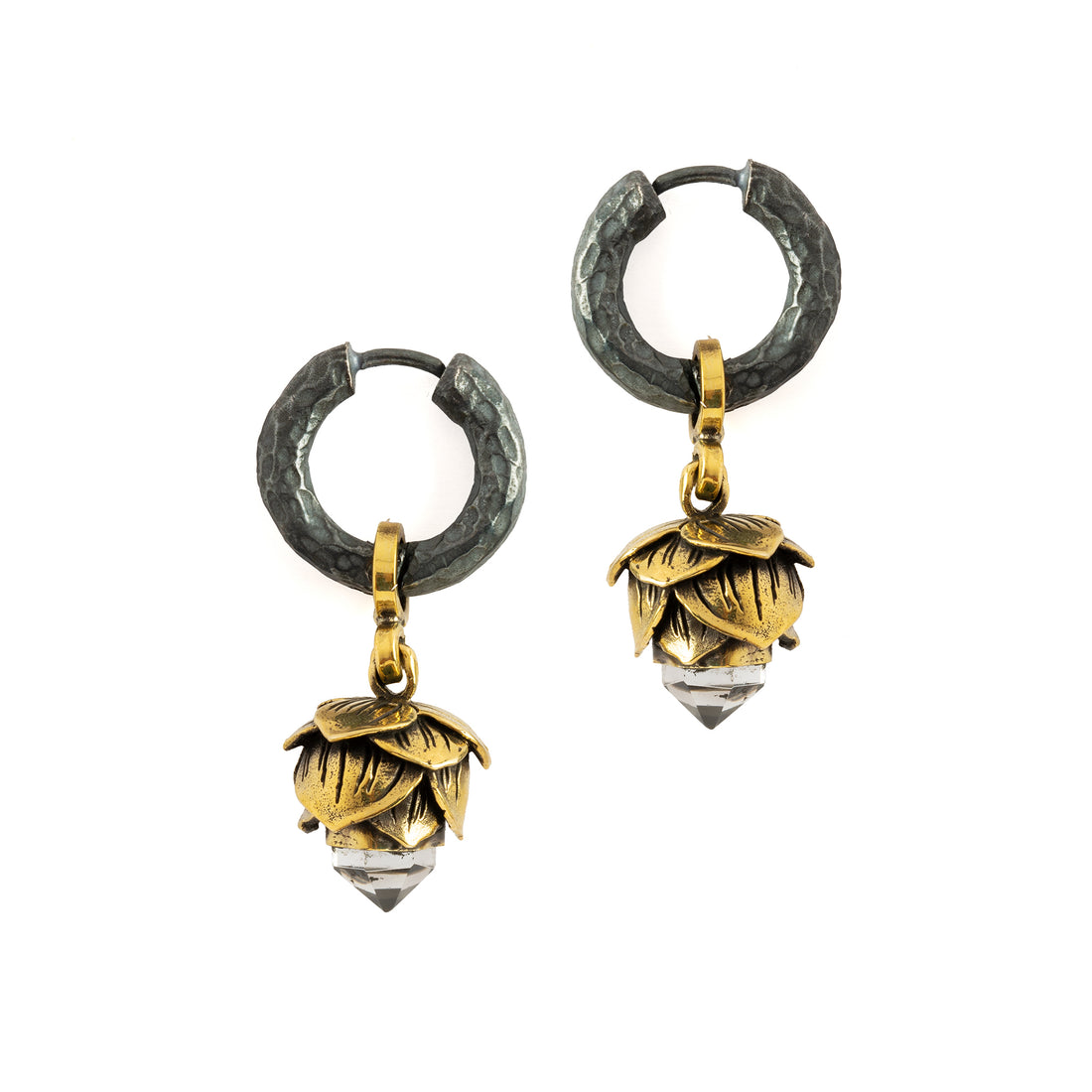 Crystal Bud Black Silver Clicker Earrings frontal view