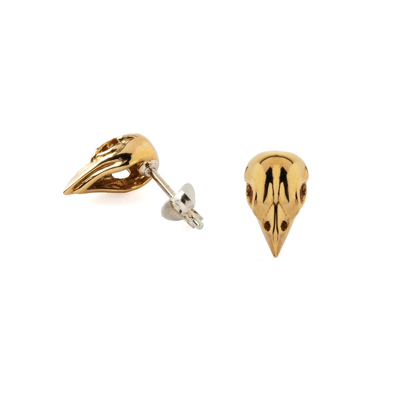 Bronze Sparrow Skull Stud Earrings front and back view