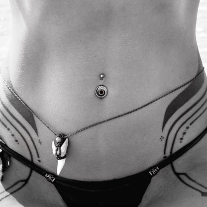model wearing Spiral Crop Onyx Belly Bar