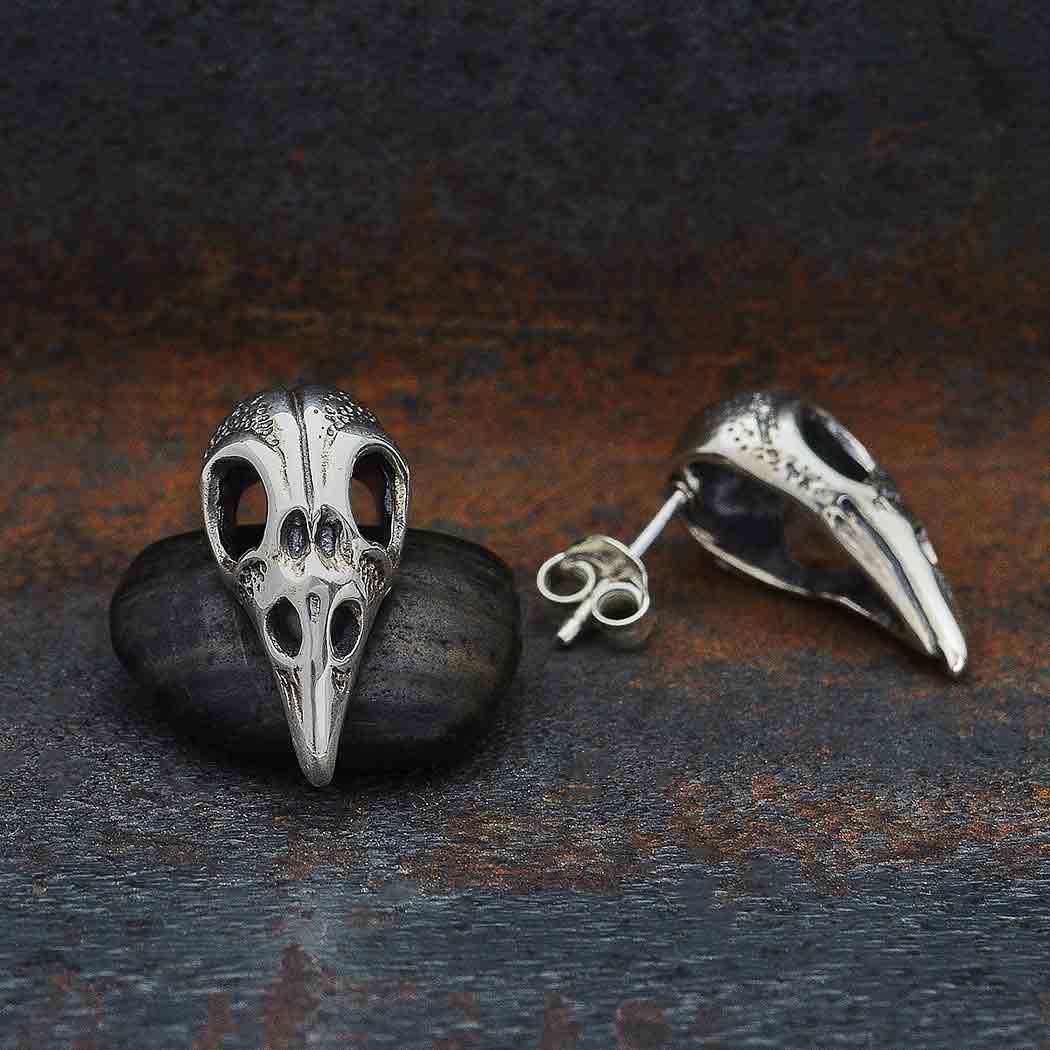 Silver Raven Skull Studs