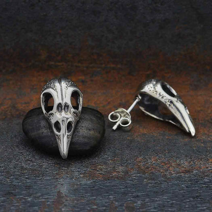 Silver Raven Skull Studs