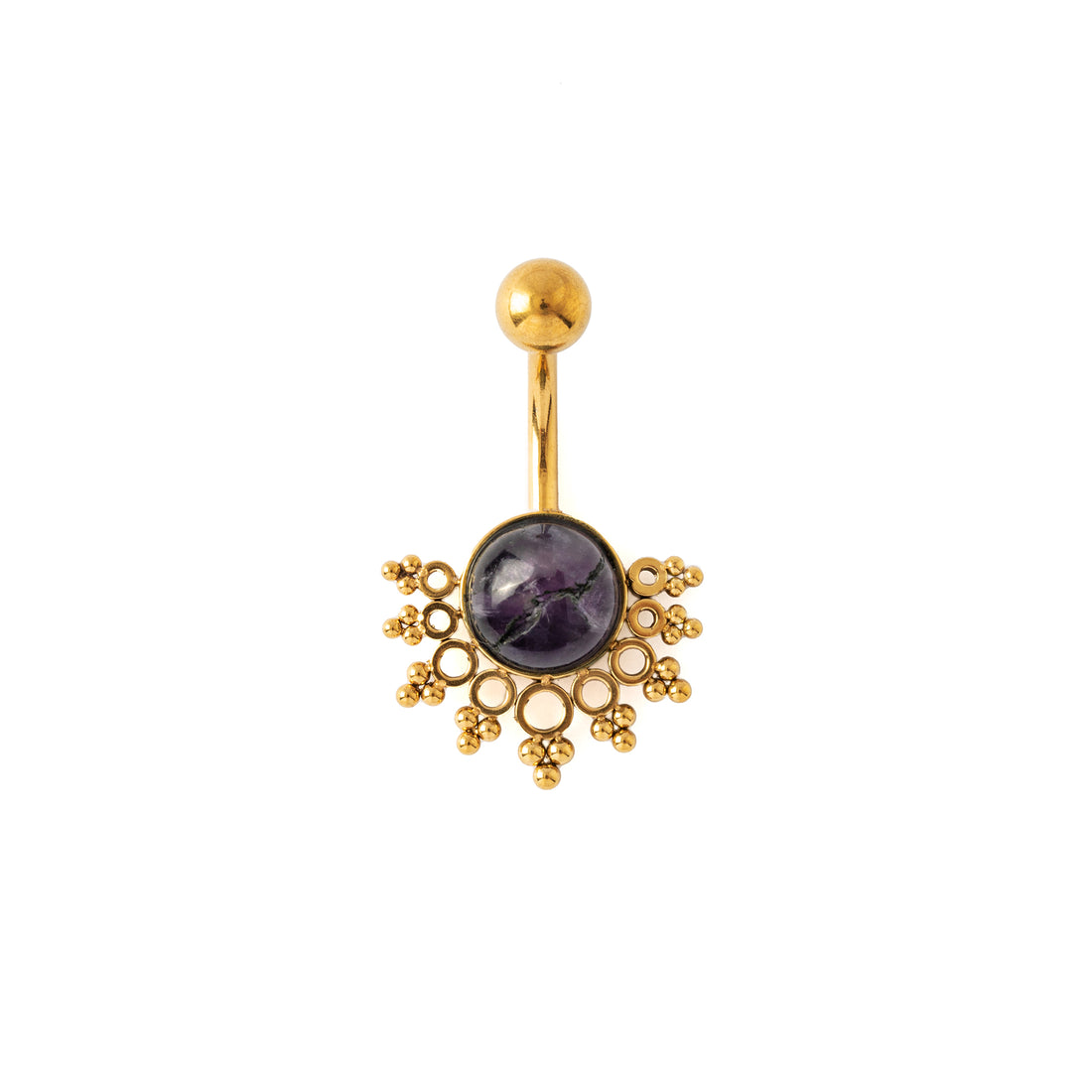 Tarita golden surgical steel belly bar with Amethyst frontal view