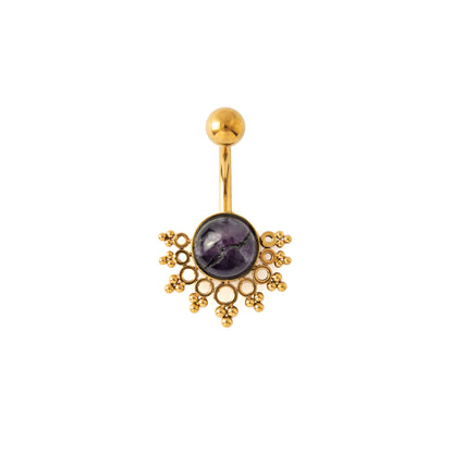 Tarita golden surgical steel belly bar with Amethyst frontal view