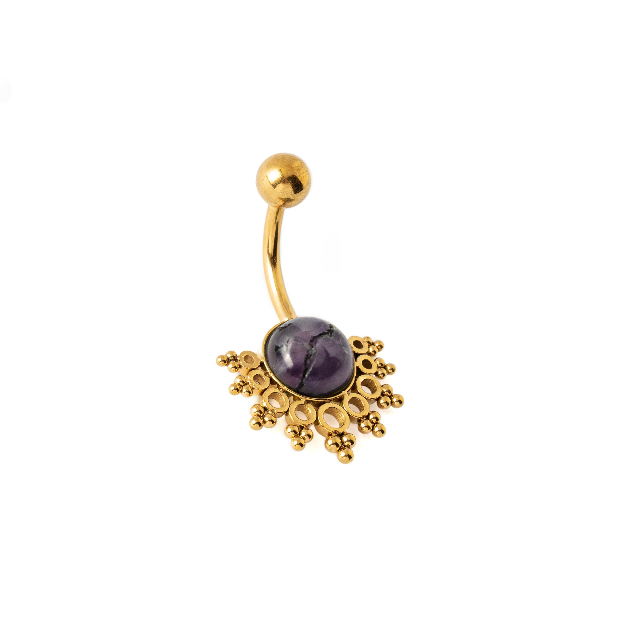 Tarita golden surgical steel belly bar with Amethyst left side view