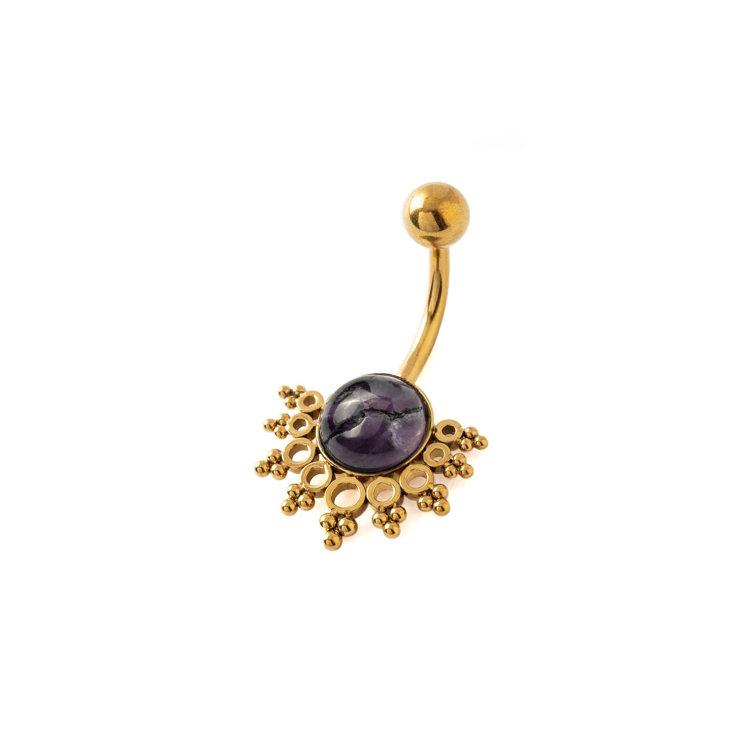 Tarita golden surgical steel belly bar with Amethyst right side view