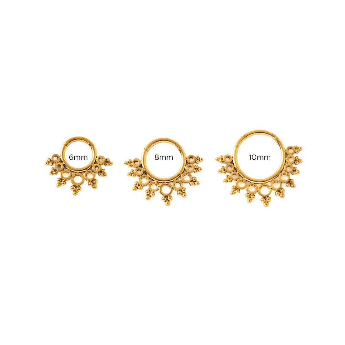 6mm, 8mm and 10mm Tarita Golden Septum Clickers frontal view