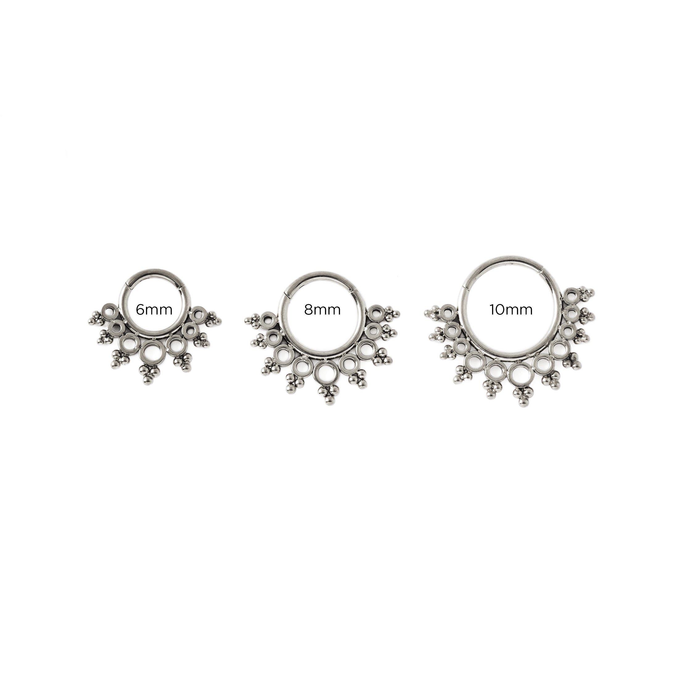 6mm, 8mm and 10mm Tarita Septum Clickers frontal view