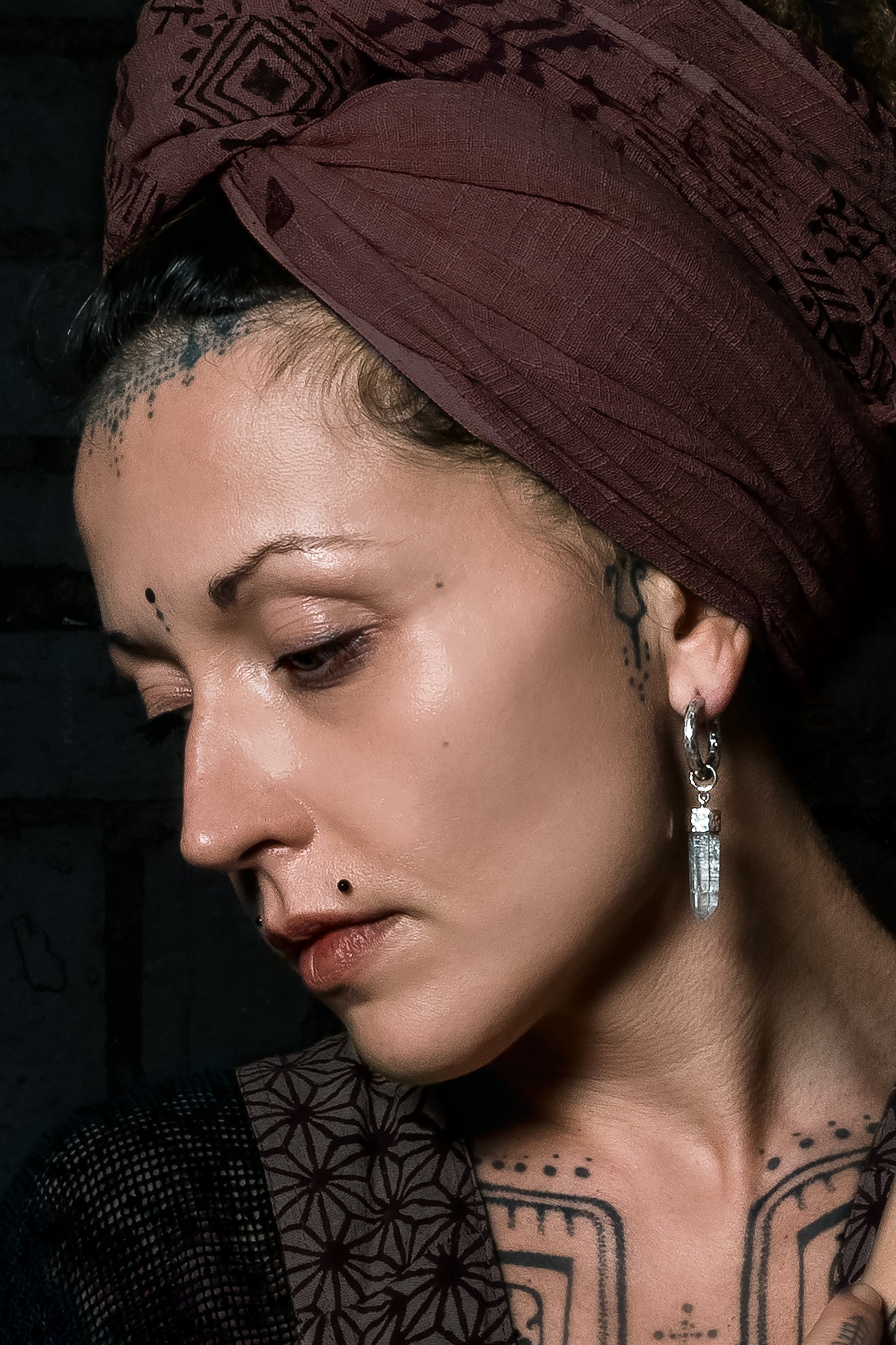 model wearng Silver and Crystal Clicker Earrings