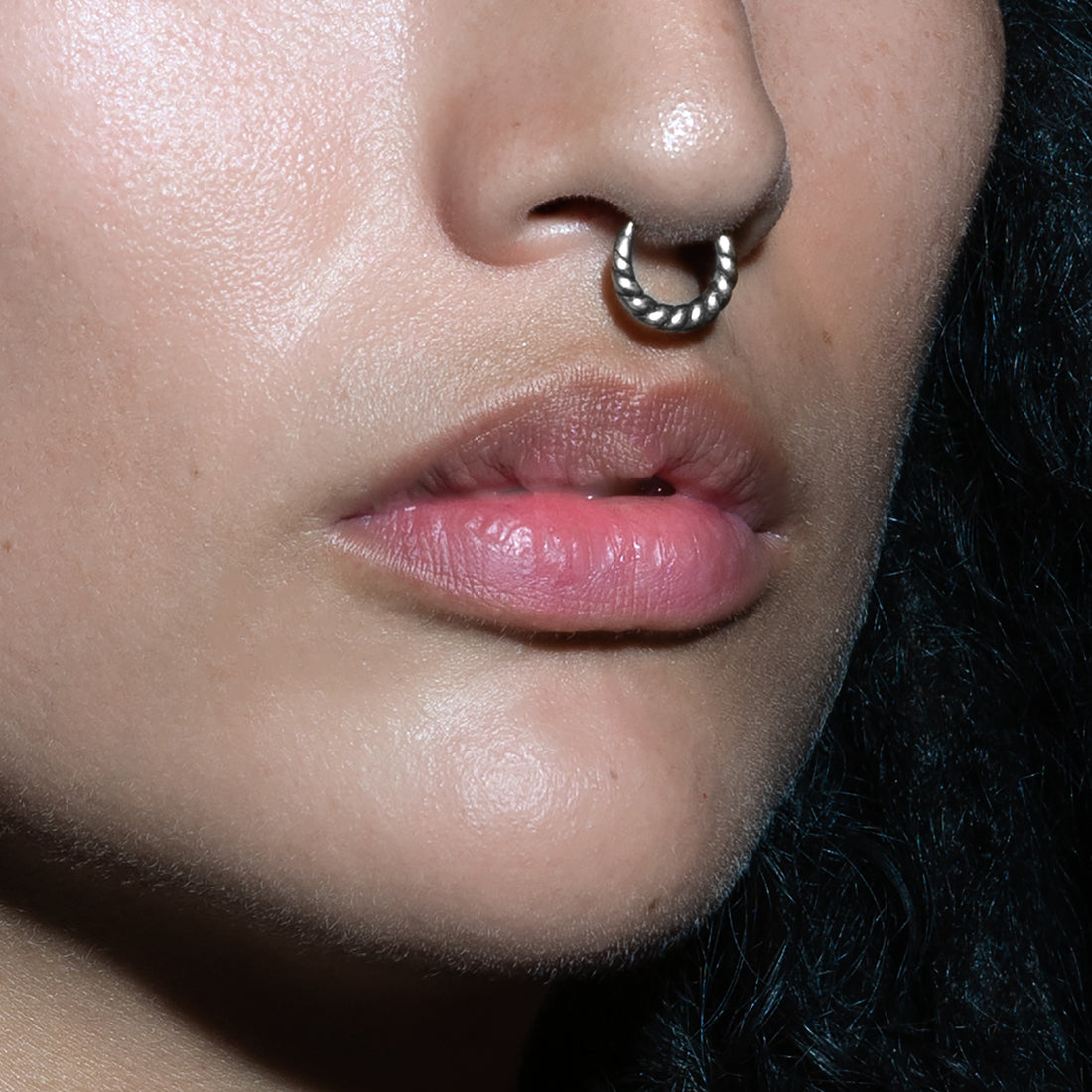 model wearing Twisted Silver Septum