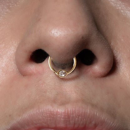 model wearing Zirconia Eye Clicker Ring on her setum