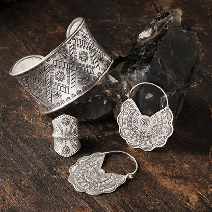 Silver Cuff with Tribal Carvings with matching ring and earrings