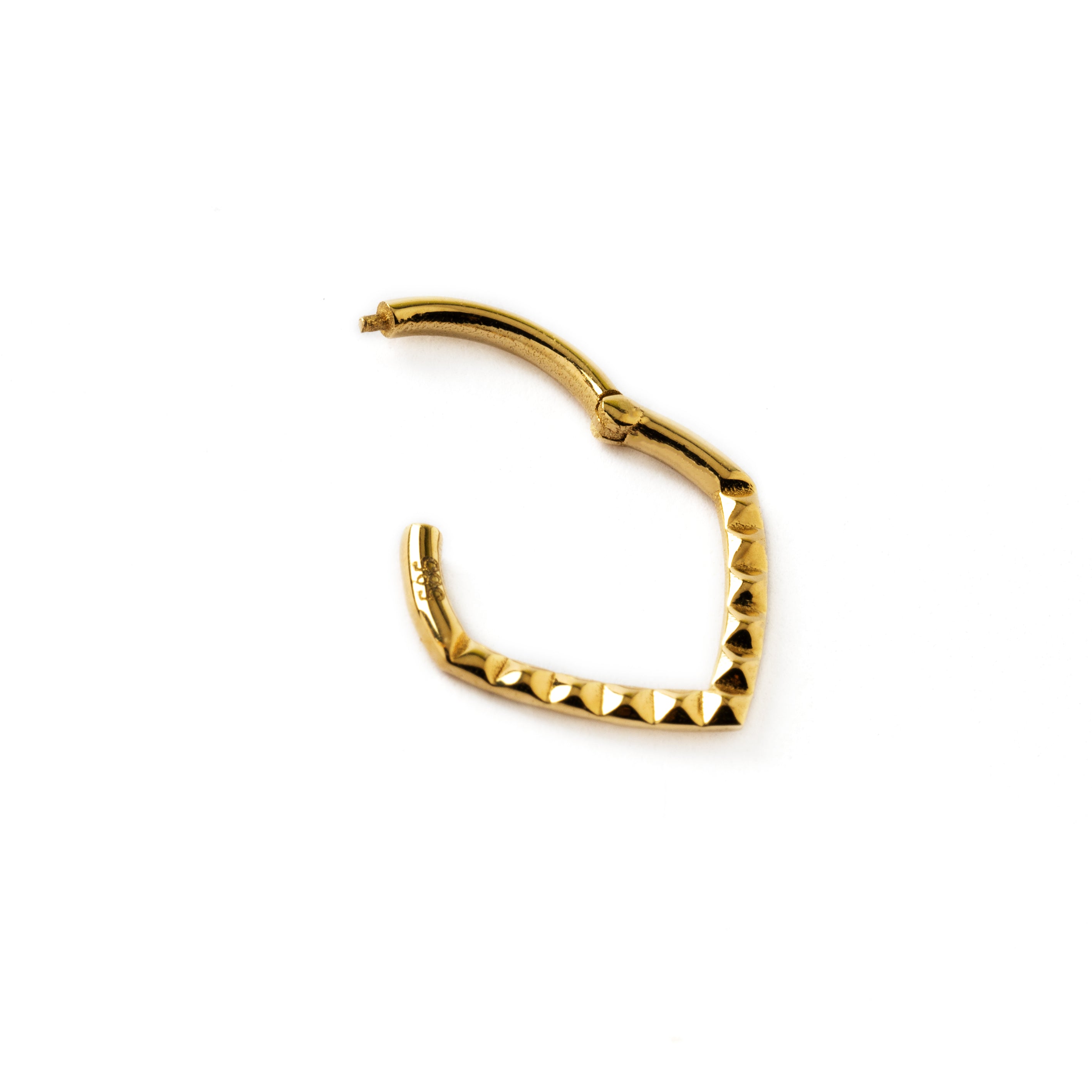 14k Gold teardrop Giza septum clicker ring hinged segment view