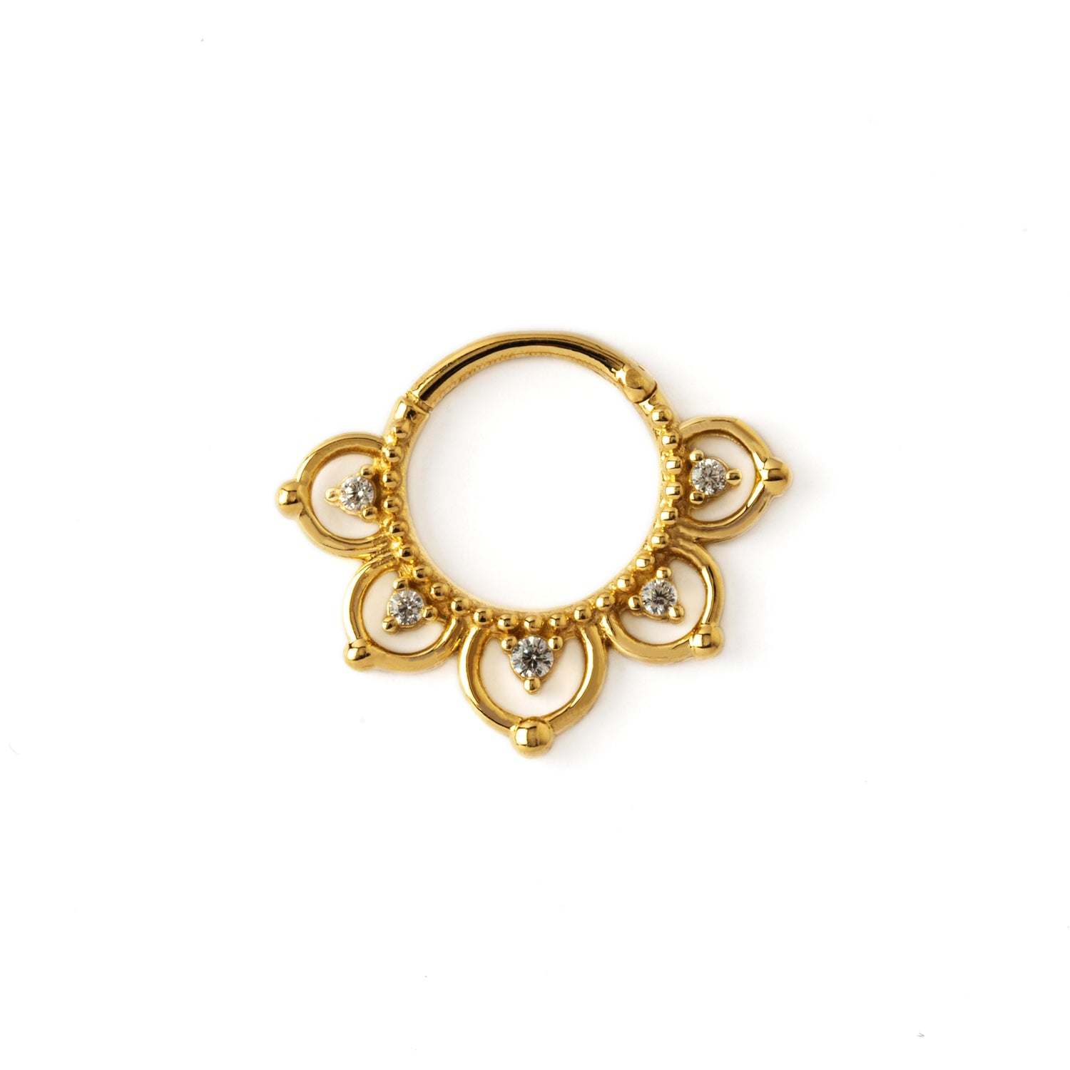 14k Gold open lotus flower septum clicker with CZ frontal view