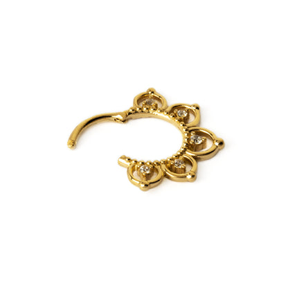 14k Gold open lotus flower septum clicker with CZ side click on closure view
