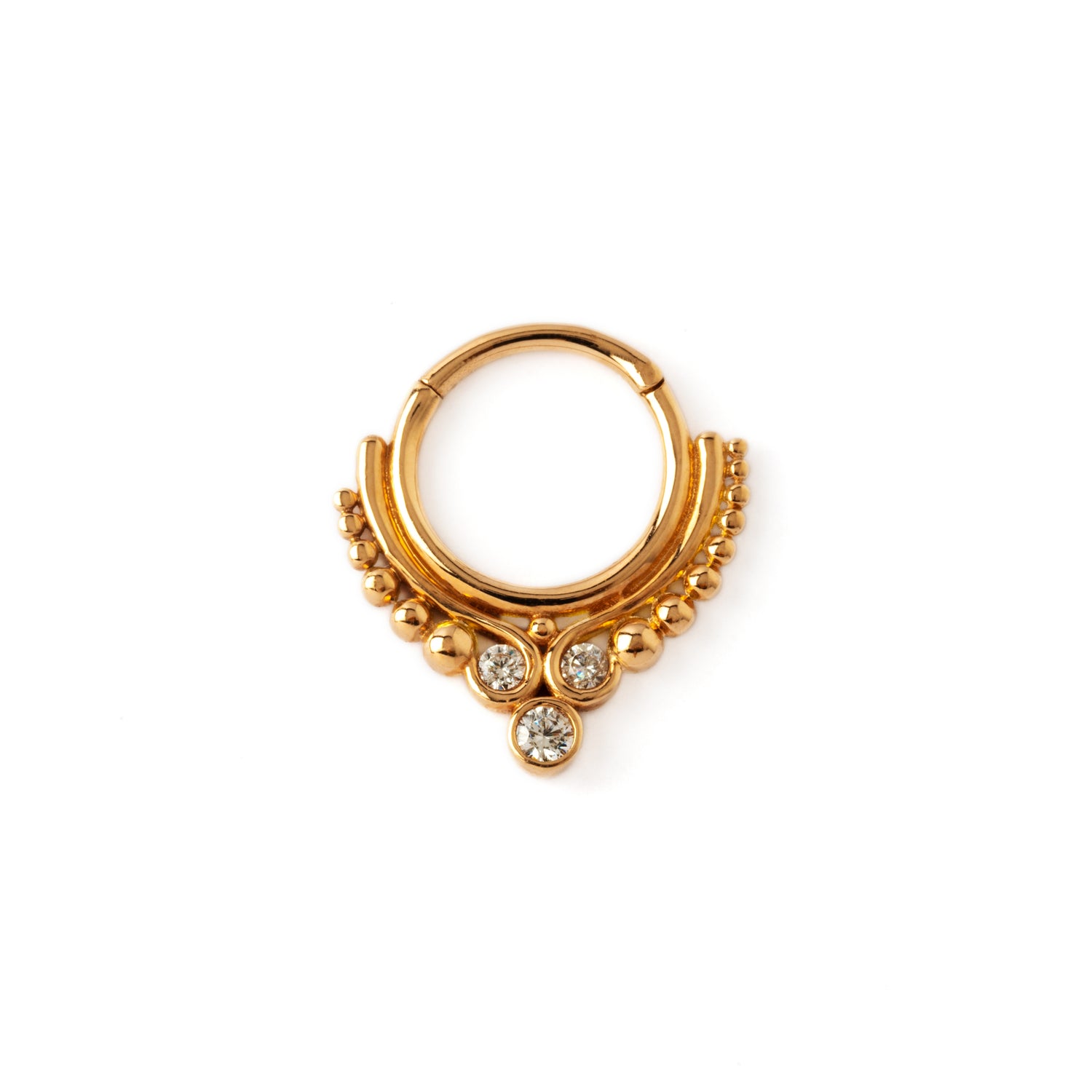 14K Rose Gold Maharani septum clicker with trio CZ frontal view