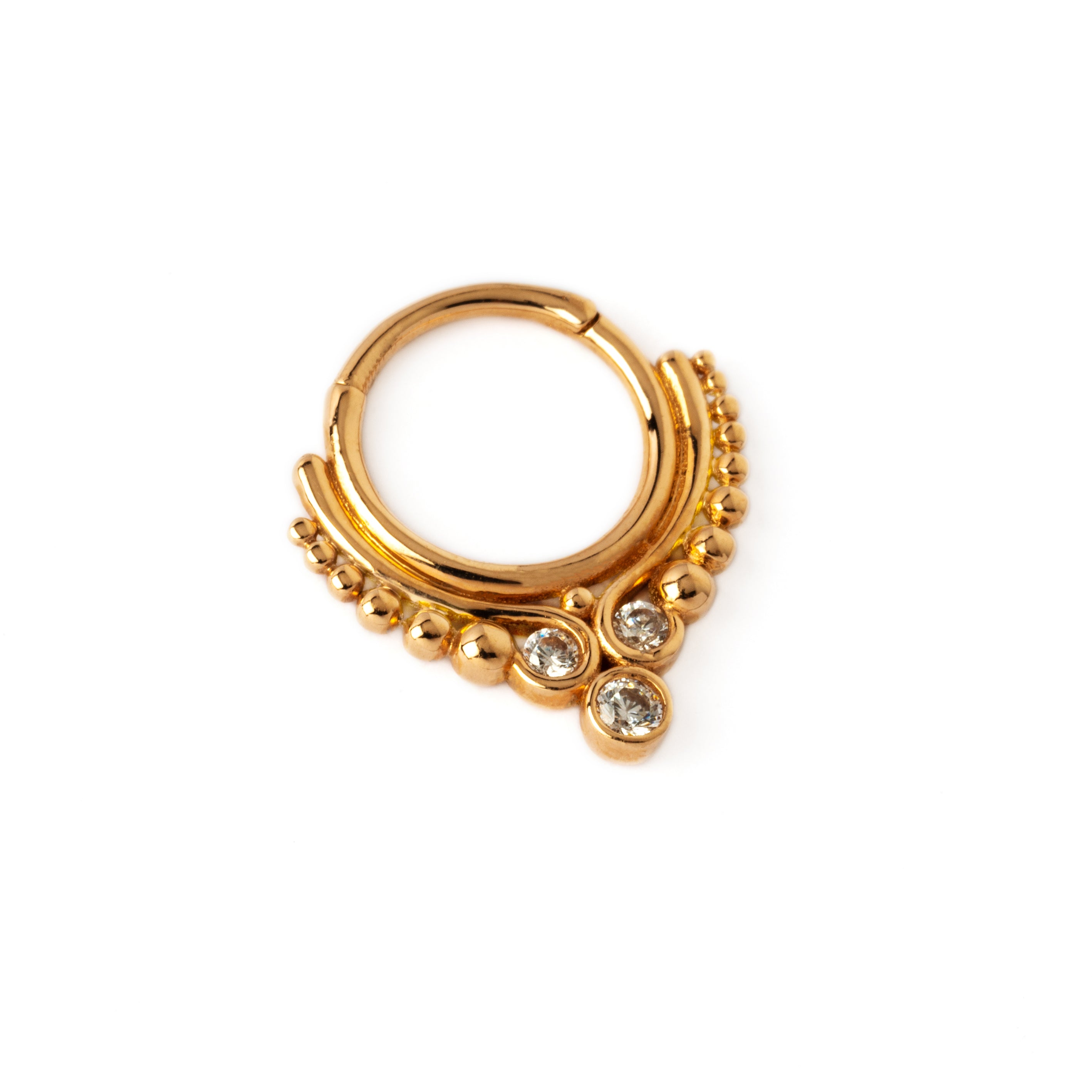 14K Rose Gold Maharani septum clicker with trio CZ right side view