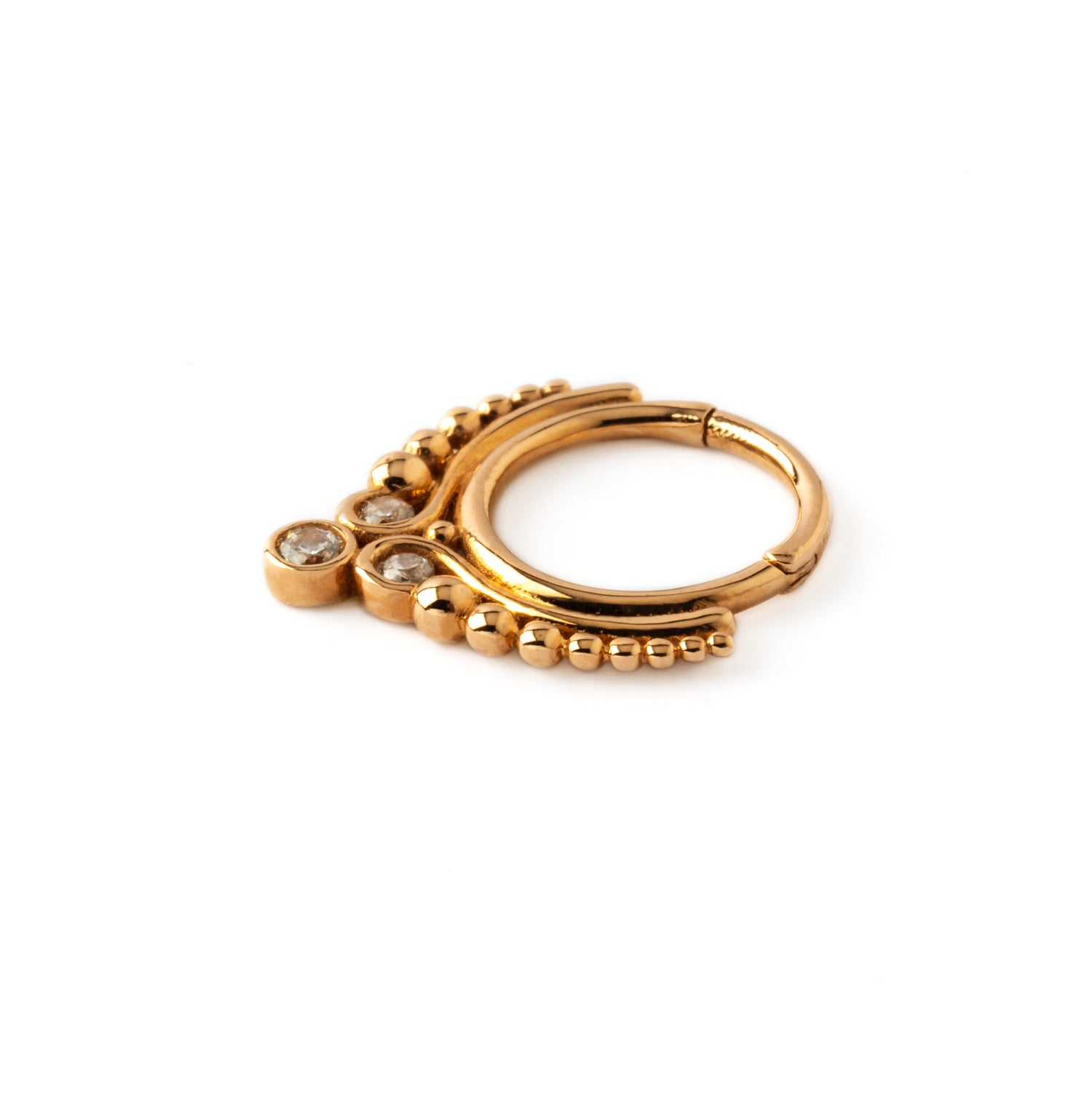 14K Rose Gold Maharani septum clicker with trio CZ side view