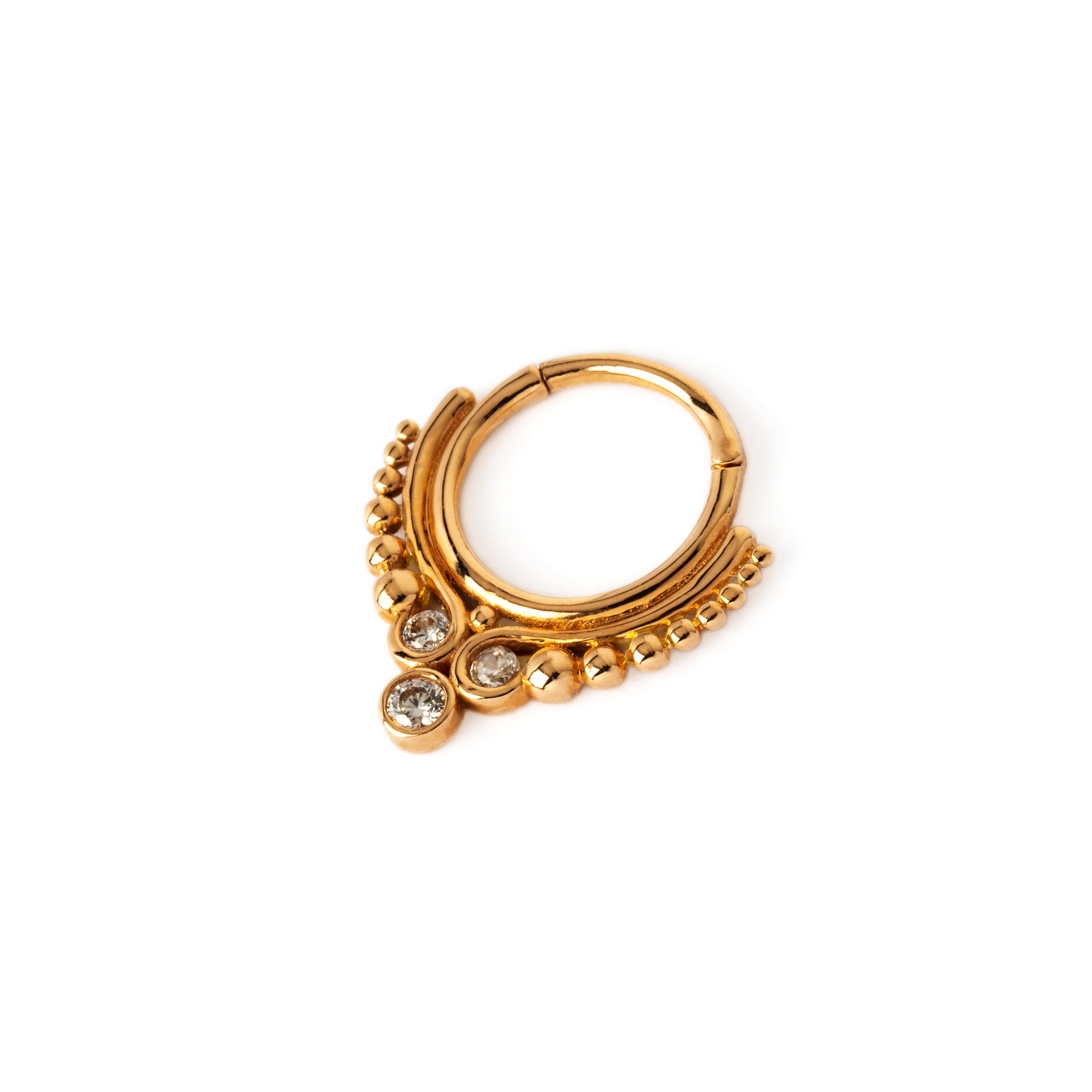 14K Rose Gold Maharani septum clicker with trio CZ left side view