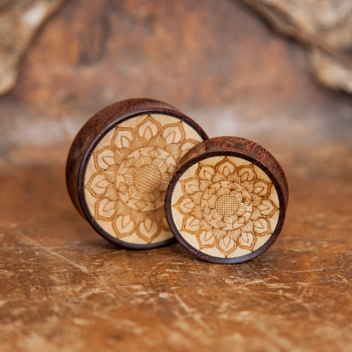 Tamarind and Crocodile Wood Mandala Ear Plugs