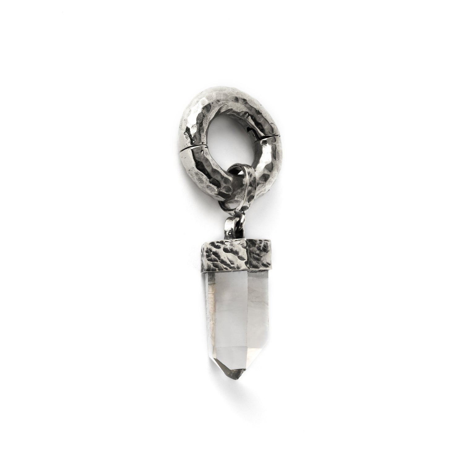 single hammered silver hoop hanger with Quartz pendant