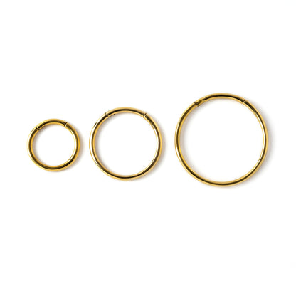 20mm, 30mm &amp; 40 mm gold brass stacking hoop gauge earrings frontal view