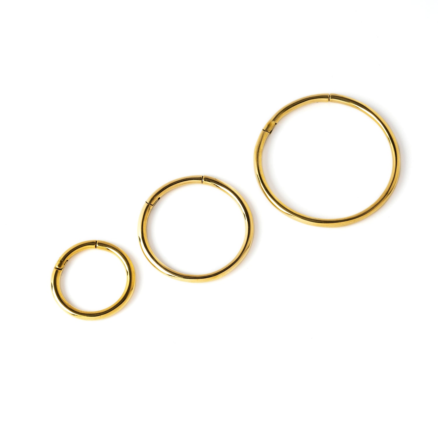 20mm, 30mm &amp; 40 mm gold brass stacking hoop gauge earrings side view