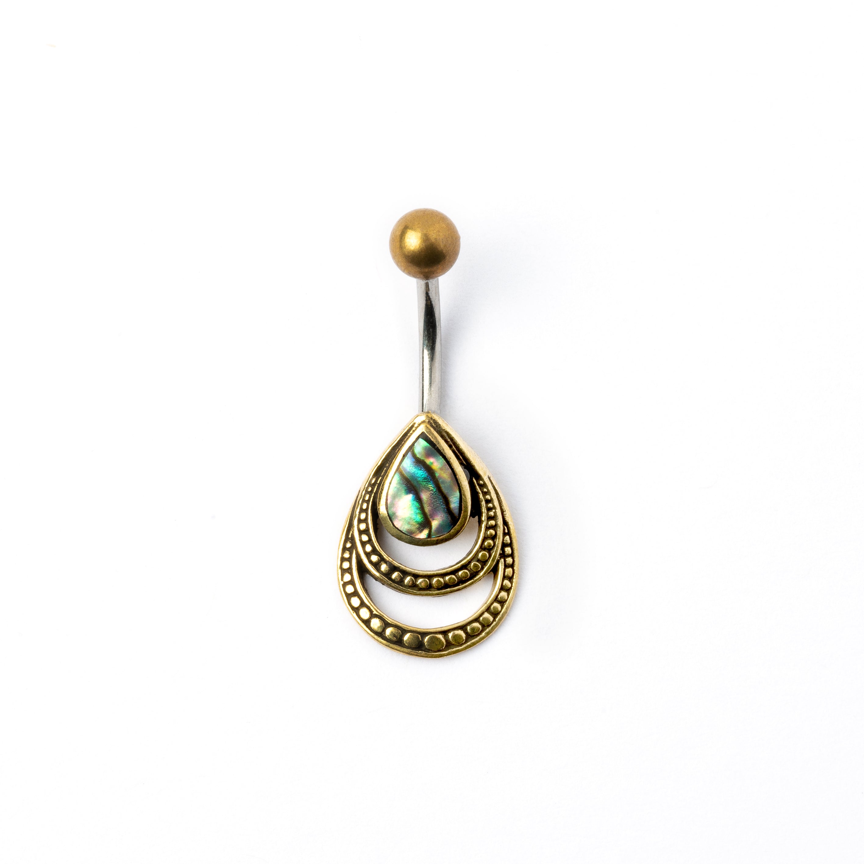 golden brass teardrop outlines belly bar with centred Abalone frontal view