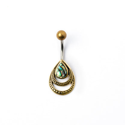 golden brass teardrop outlines belly bar with centred Abalone frontal view