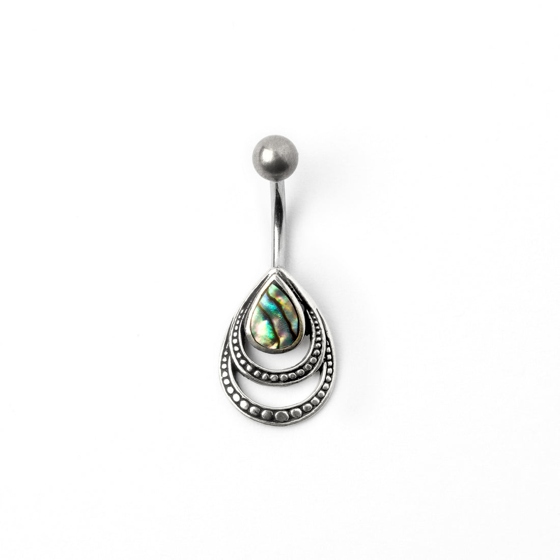 silver teardrop outlines belly bar with centred Abalone front side view
