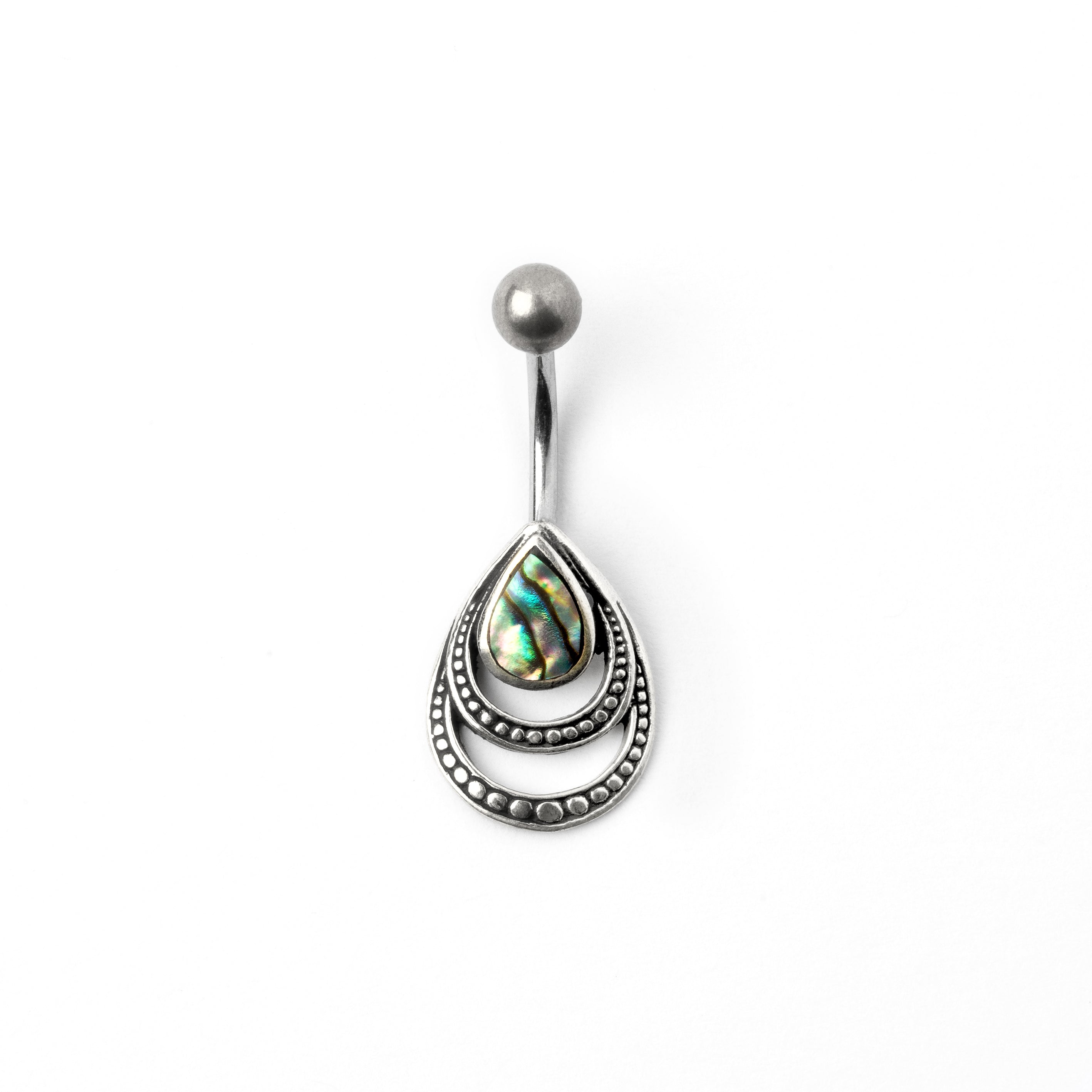 silver teardrop outlines belly bar with centred Abalone front side view