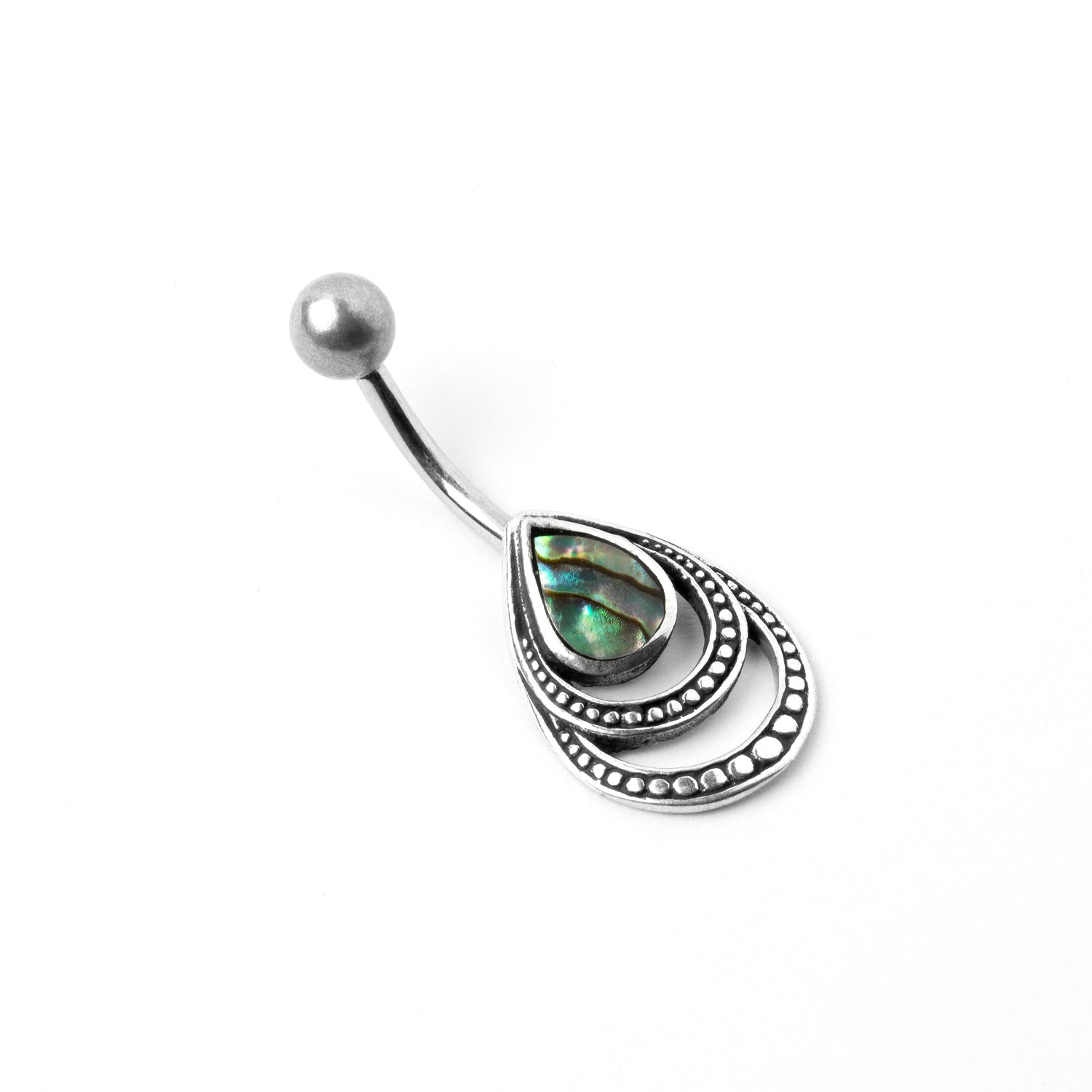 silver teardrop outlines belly bar with centred Abalone right side view