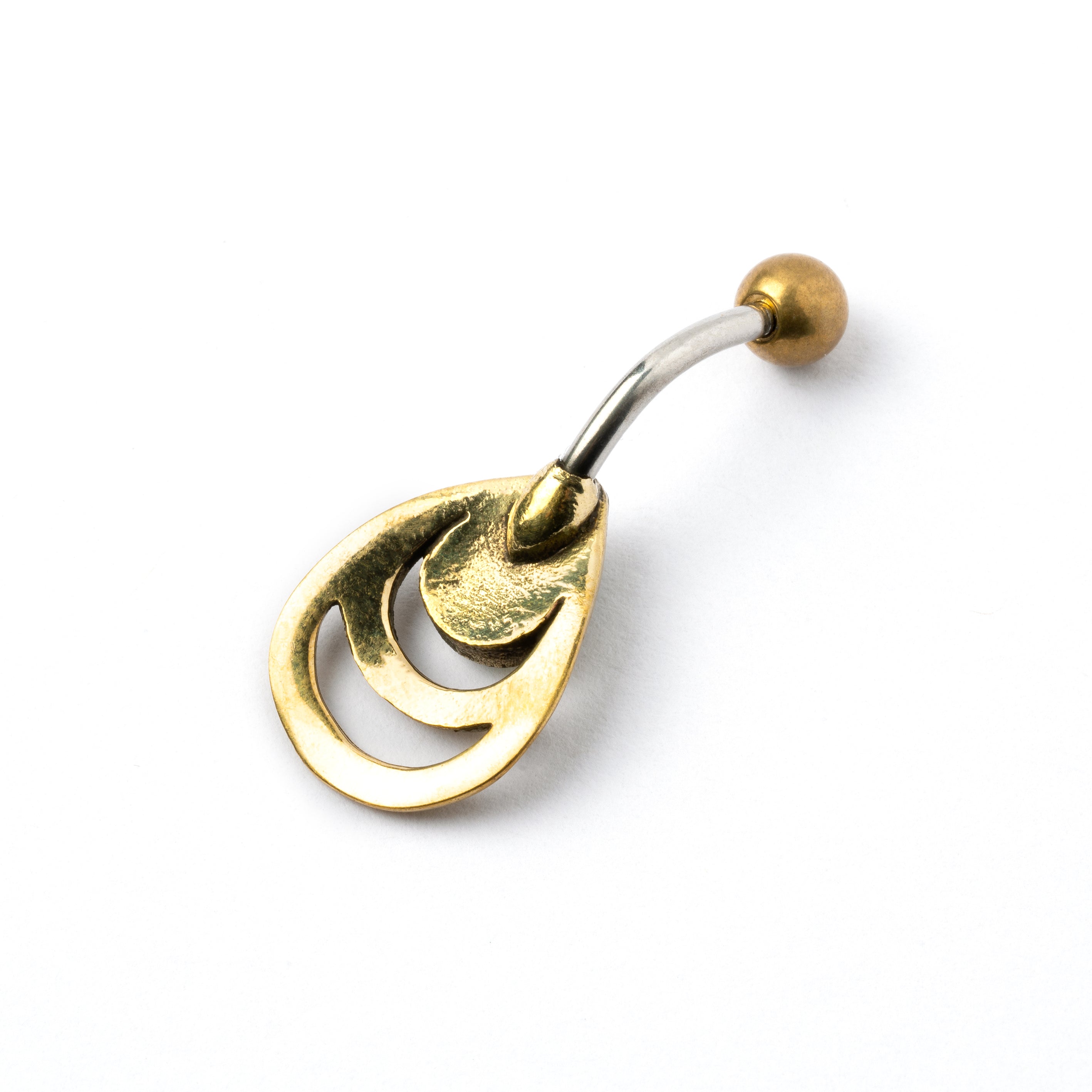 golden brass teardrop outlines belly bar with centred Abalone back side view