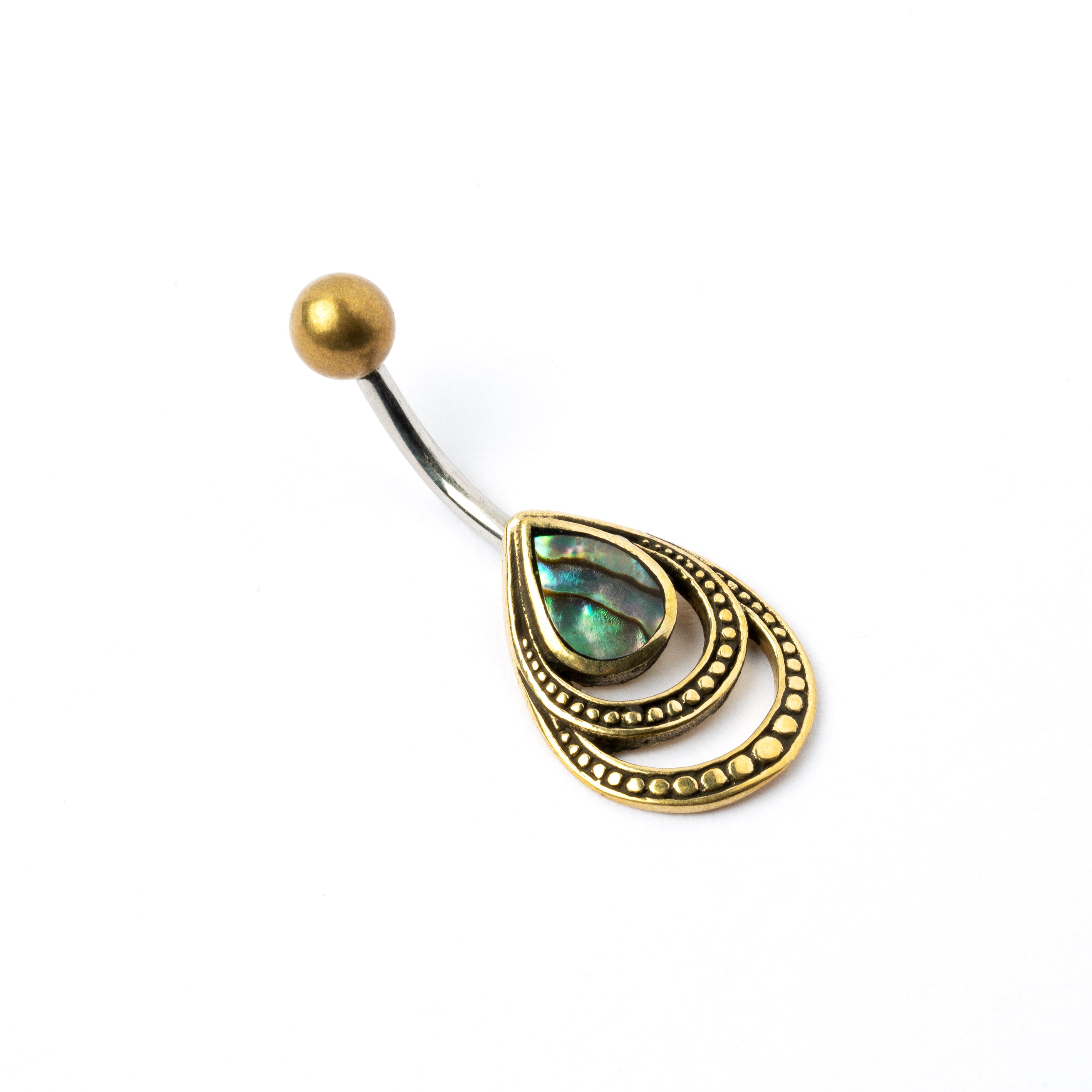 golden brass teardrop outlines belly bar with centred Abalone right side view