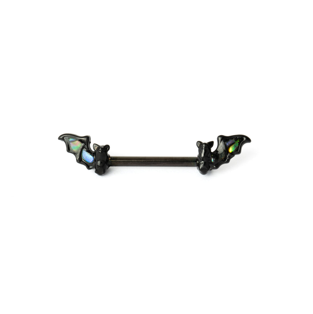 Black Bat Wing Barbell with Abalone nipple ring frontal view